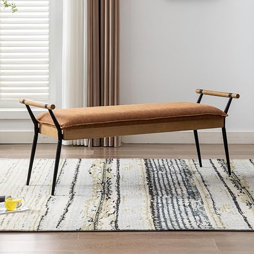 Miniatura 13 de HEAH-YO Juego de 1 banco de entrada industrial, extremo del banco de 44 pulgadas con cojín de asiento acolchado, de tela de lino, banco de comedor