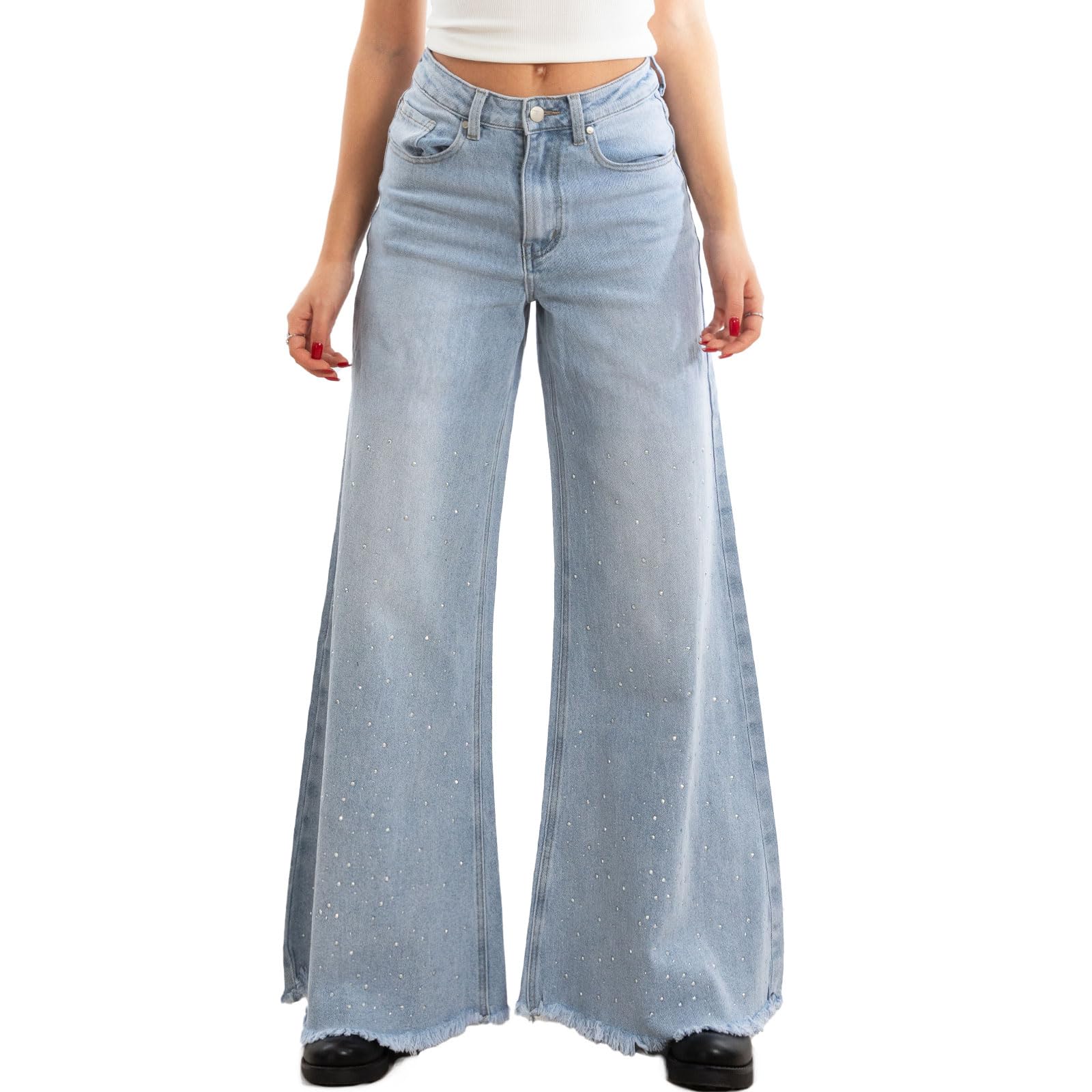 Toocool Jeans Donna Pantaloni Denim Campana Zampa Flare Strass Larghi FX1243