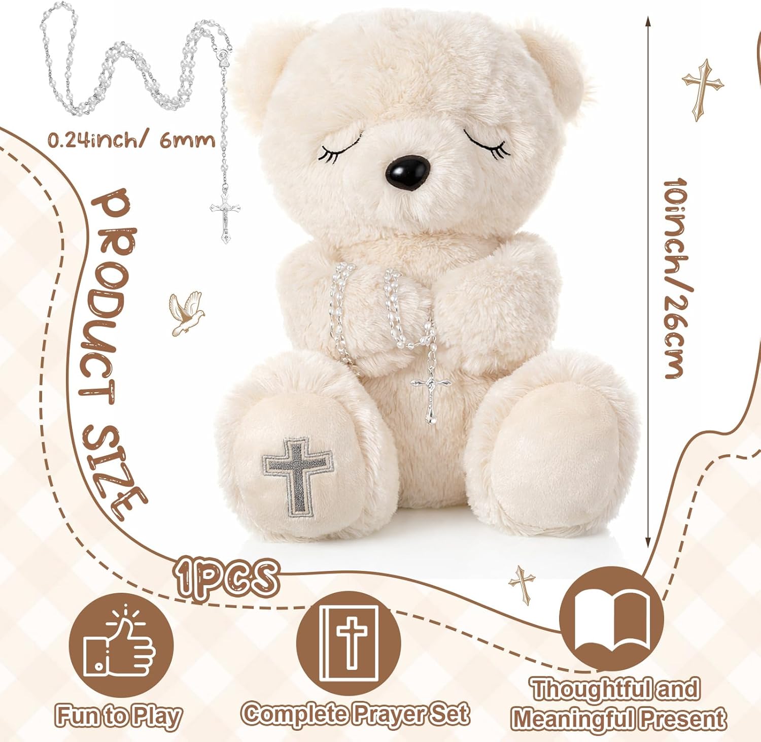 MiniInflat Blessed Plush Bear 10 Inches with Rosary Set Dedication and Baptism Gifts for Girl Boy First Communion Catholic Christening Gifts for Girls Plush Toy Praying Plush Animal, Bear