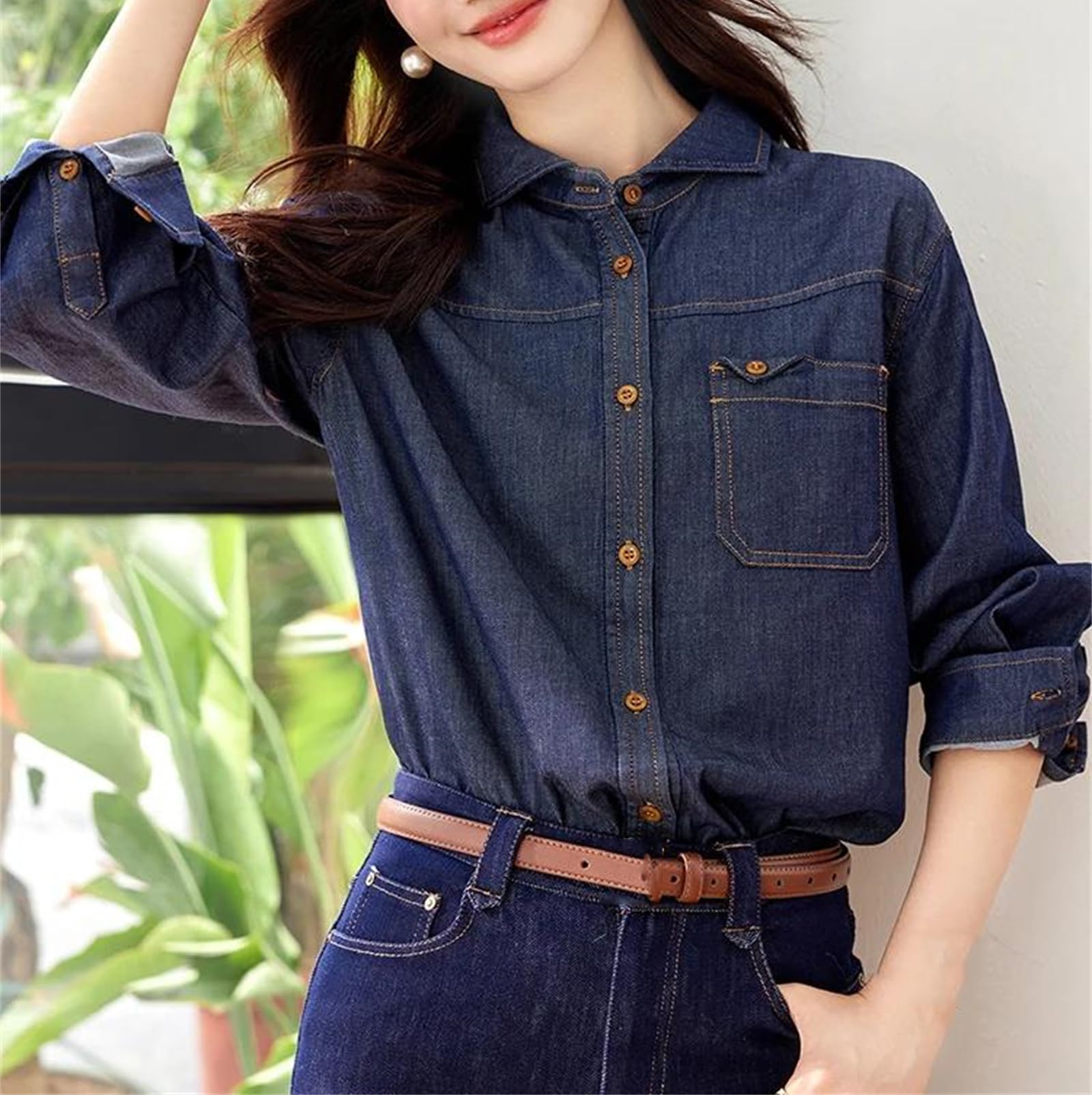 Yeuyyben Camicia da donna in denim alla moda con colletto rovesciato a maniche lunghe camicetta top allentato