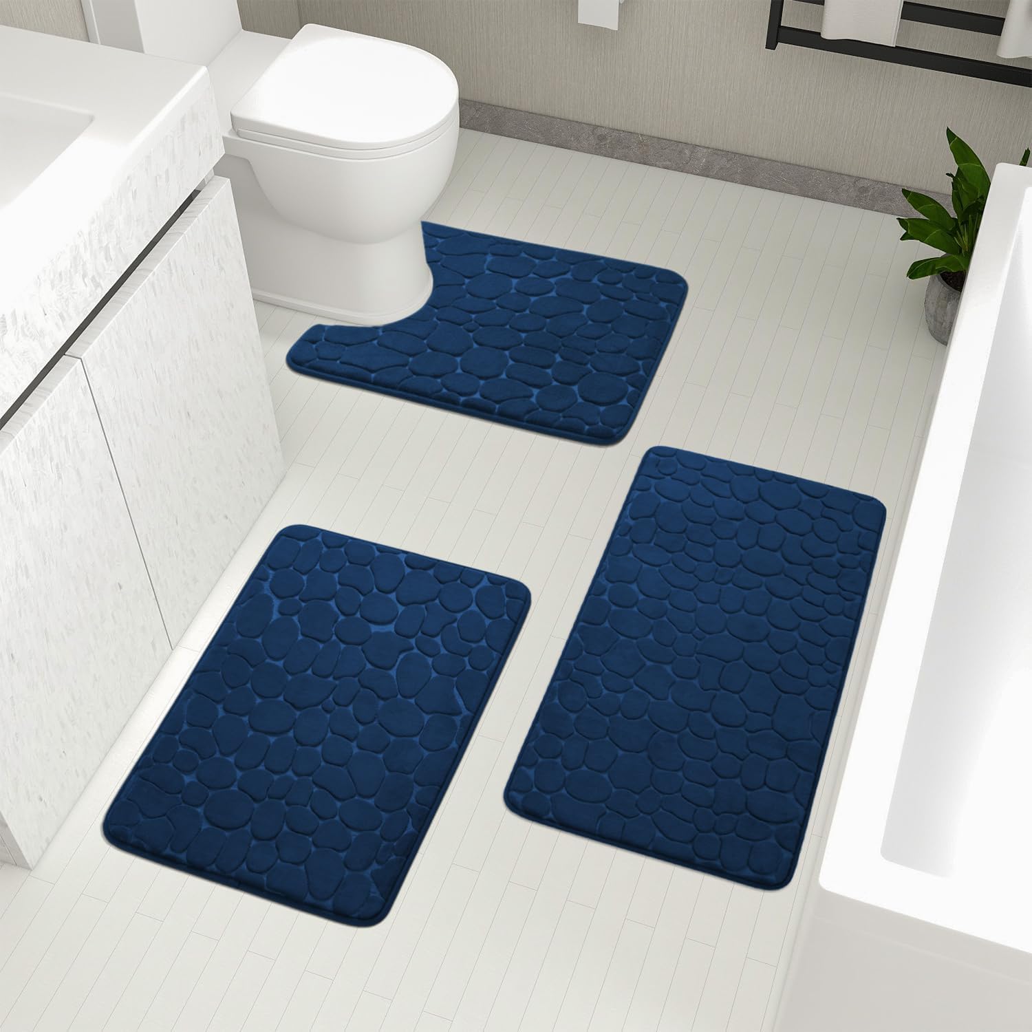 YIHOUSE Bathroom Rugs Sets 3 Piece, Cobblestone Memory Foam Bathroom Mats Set Extra Thick, Non Slip Bath Mats for Bathroom, Water Absorbent, Washable Dark Blue Bath Rugs for Tub, Toilet and Floor