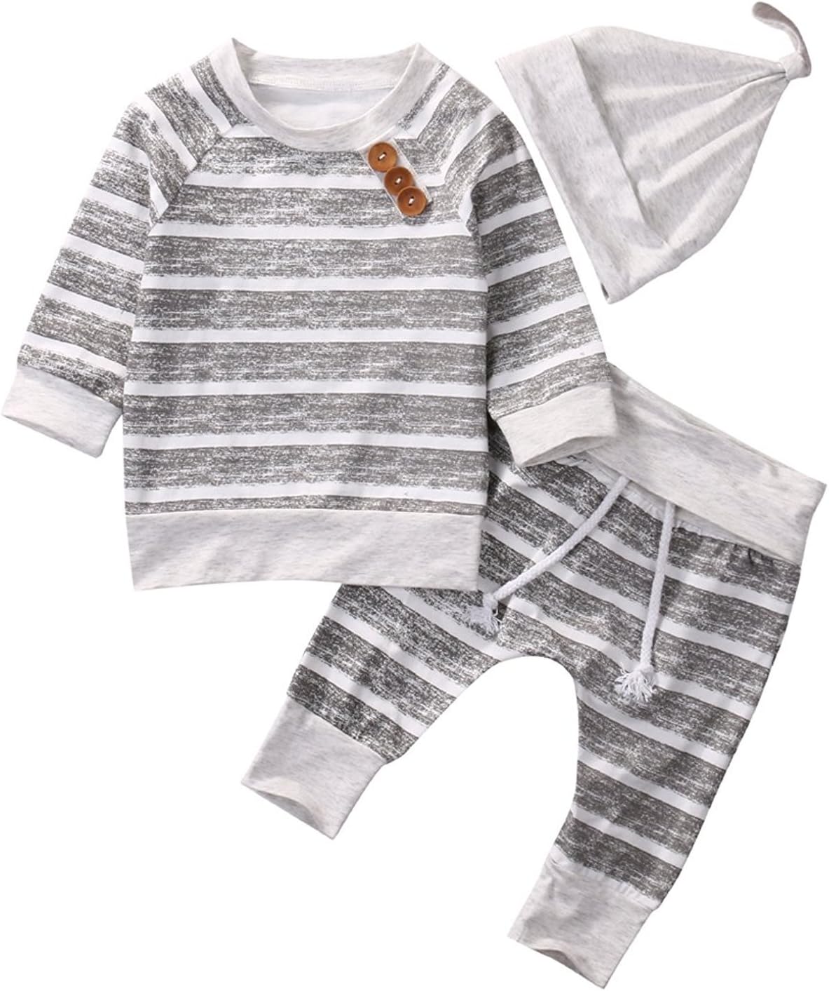 Newborn Baby Boys Girls Hooded Sweatshirt T-Shirt Tops+Striped Pants Kids Outfits Clothes Set (Grey Stripe, 6-12Months)