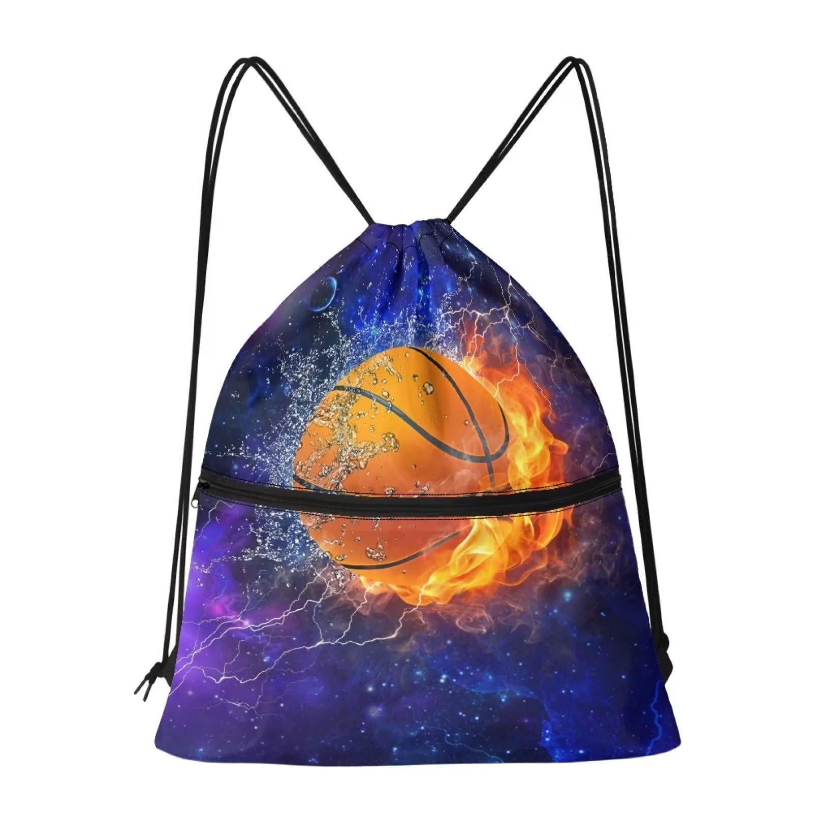 Dolyues Galaxy Basketball Drawstring Bags for Boy Men Water Fire Sport Ball Print Gym Bag Zipper Pocket Trainer Backpack Waterproof PE Bagpack