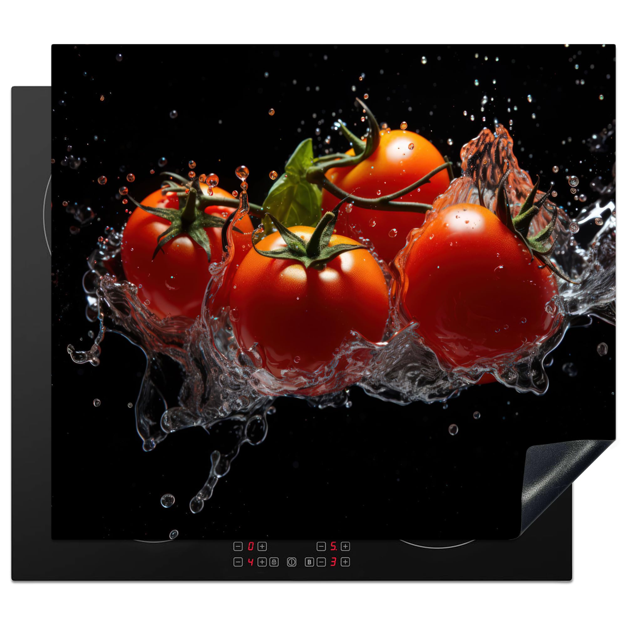 KitchenYeah© Induction Hob Protector Mat 20.2"x22.9" / 58.3x51.3 cm Stove Cap Top Cover Kitchen Cooker Covers for Electric Hobs Vinyl Tomatoes - Black - Water - Red - Vegetable — image 1