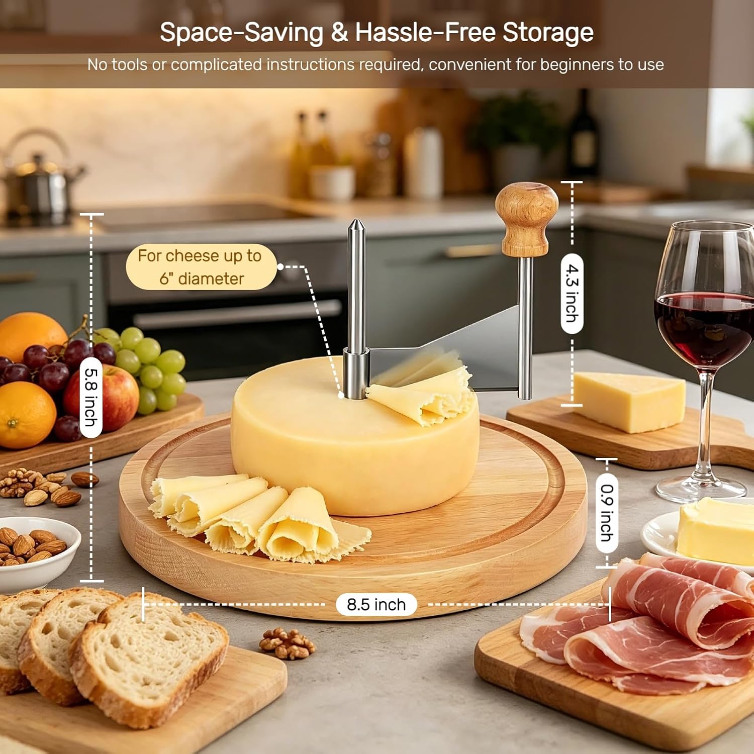 Manual Cheese Curler, Stainless Steel Cheese Shaver Wheel for Tête de Moine, Rose-Shaped Girolle Cheese Cutter with Wooden Base for Chocolate Butter, Perfect for Charcuterie Boards & Entertaining