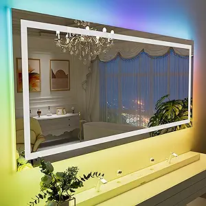 LOAAO 55”X36“ RGB LED Bathroom Mirror with Lights, Large, Anti-Fog, Dimmable Smart Lighted Bathroom Vanity Mirror, Multiple Light Modes, RGB Backlit + Front Light, Memory Function, Tempered Glass