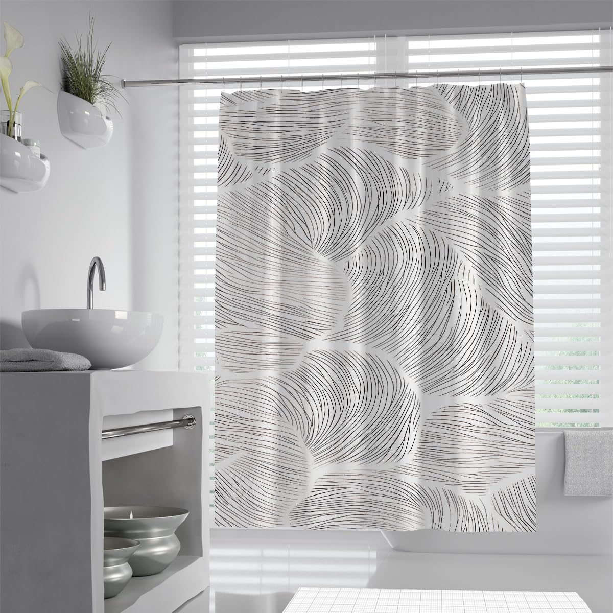 UIRINGART Minimalist Feather Fine Lines Shower Curtain W100xL180cm Nordic Abstract Geometric Petal Swirl Pattern Mildew Resistant Easy Clean Wet Room Bath Screen With Hook