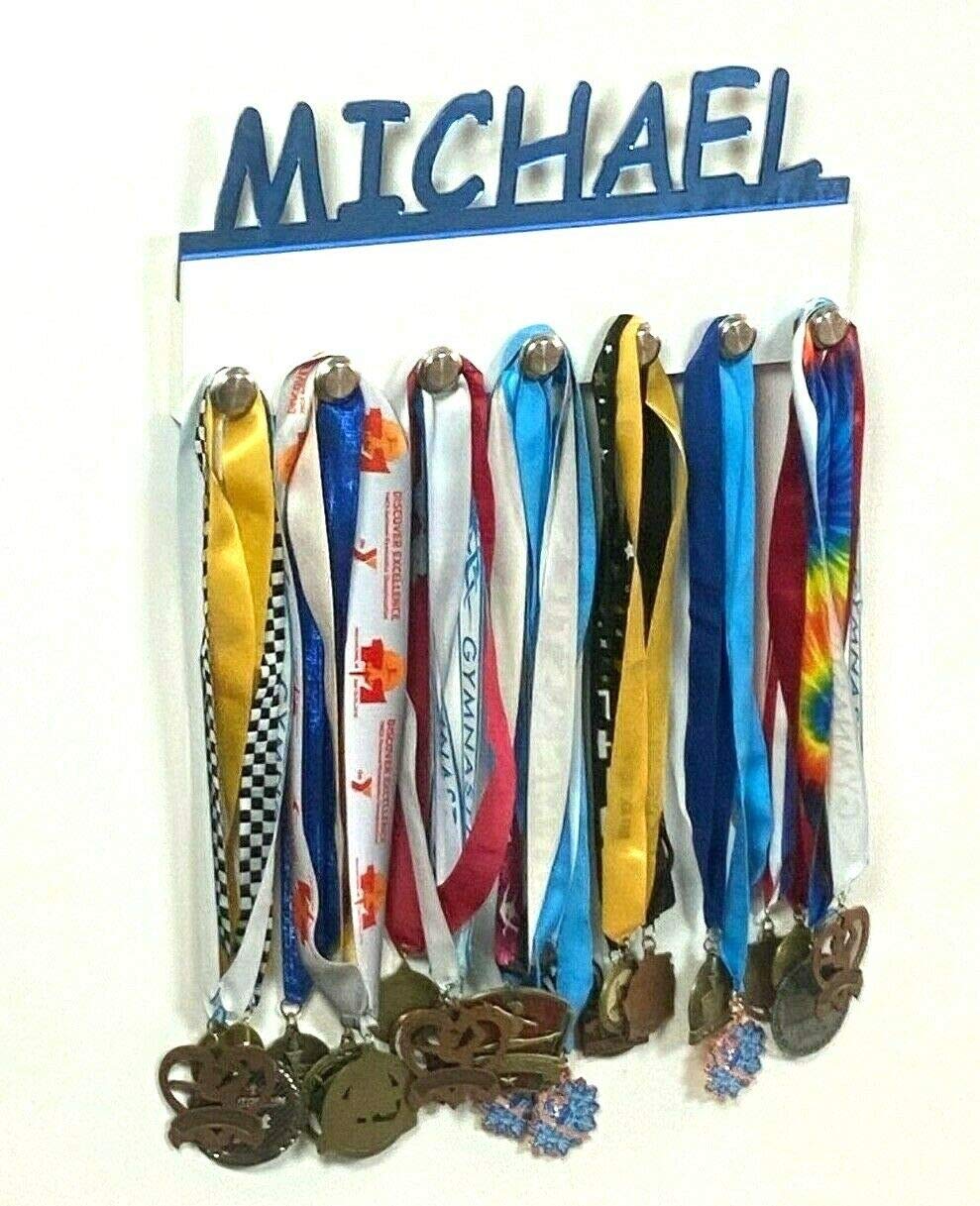MIRROR MANIA Custom Personalized Name Medal Holder, Awards Display Hanger Rack with Hooks for 60+ Medals, Ribbons, Sports 16'' Wide, One of A Kind Made to Order with Your Name On It