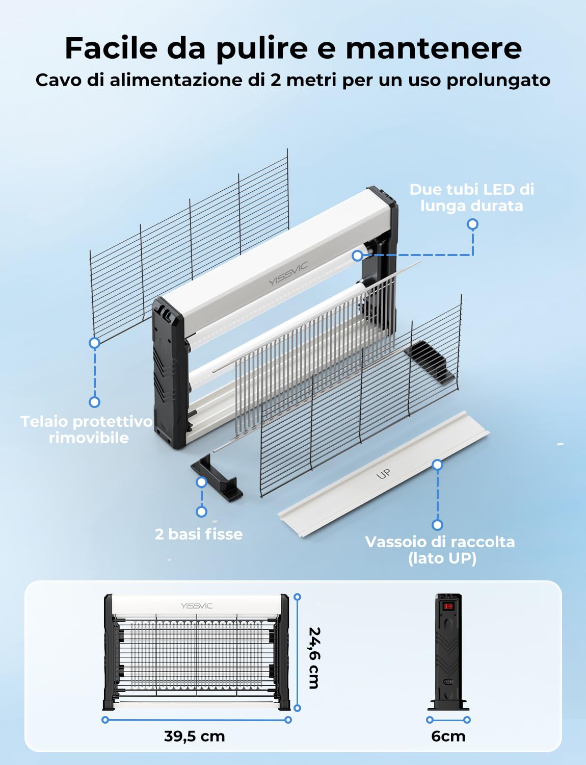 YISSVIC Lampada Antizanzare Elettrica UV LED,2M Cavo di Alimentazione,Catena Sospensione,Cassetto Raccogli Insetti Lavabile,Sicuro per Uomini e Animali,per Interni Casa