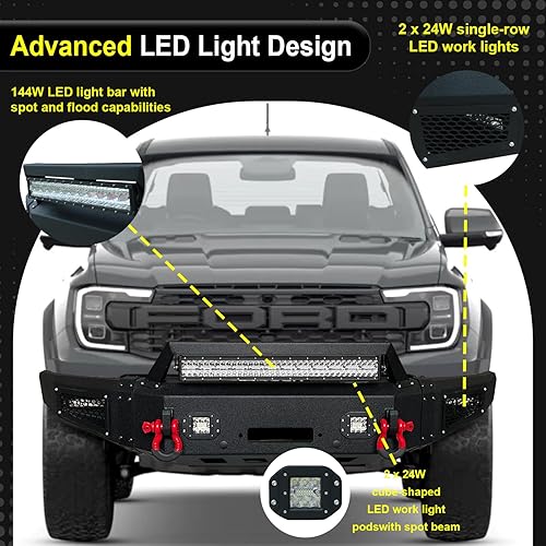 Miniatura 5 de TIOYAR Parachoques delantero con textura negra compatible con Ford Ranger 2019 2020 2021 2022 2023 2024 con placa de cabrestante, luces LED, anillo