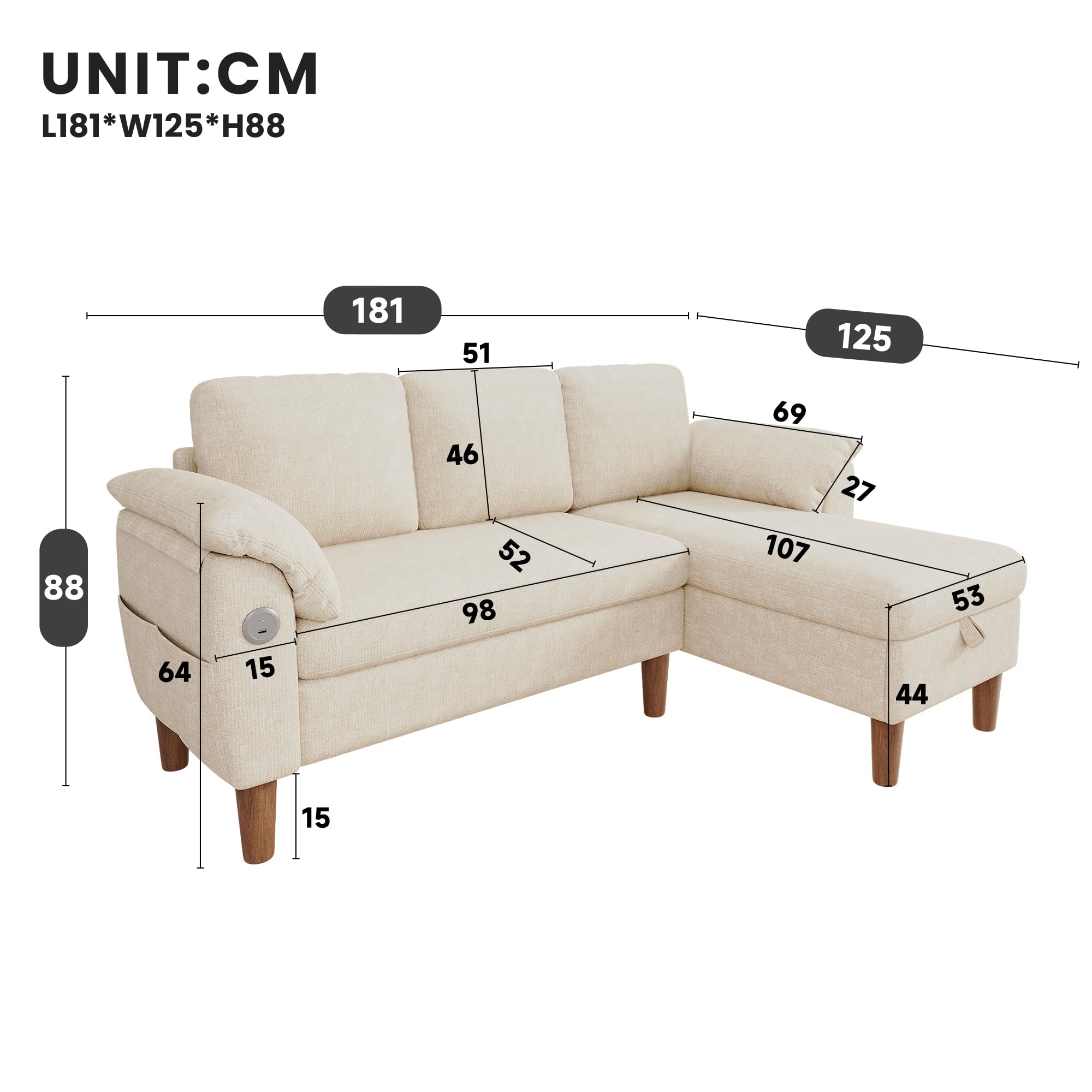 Divano angolare a forma di L, divano a 3 posti con chaise longue, montaggio a sinistra/destra, tasca laterale, 2 cuscini per braccioli semirigidi, tessuto di ciniglia, beige