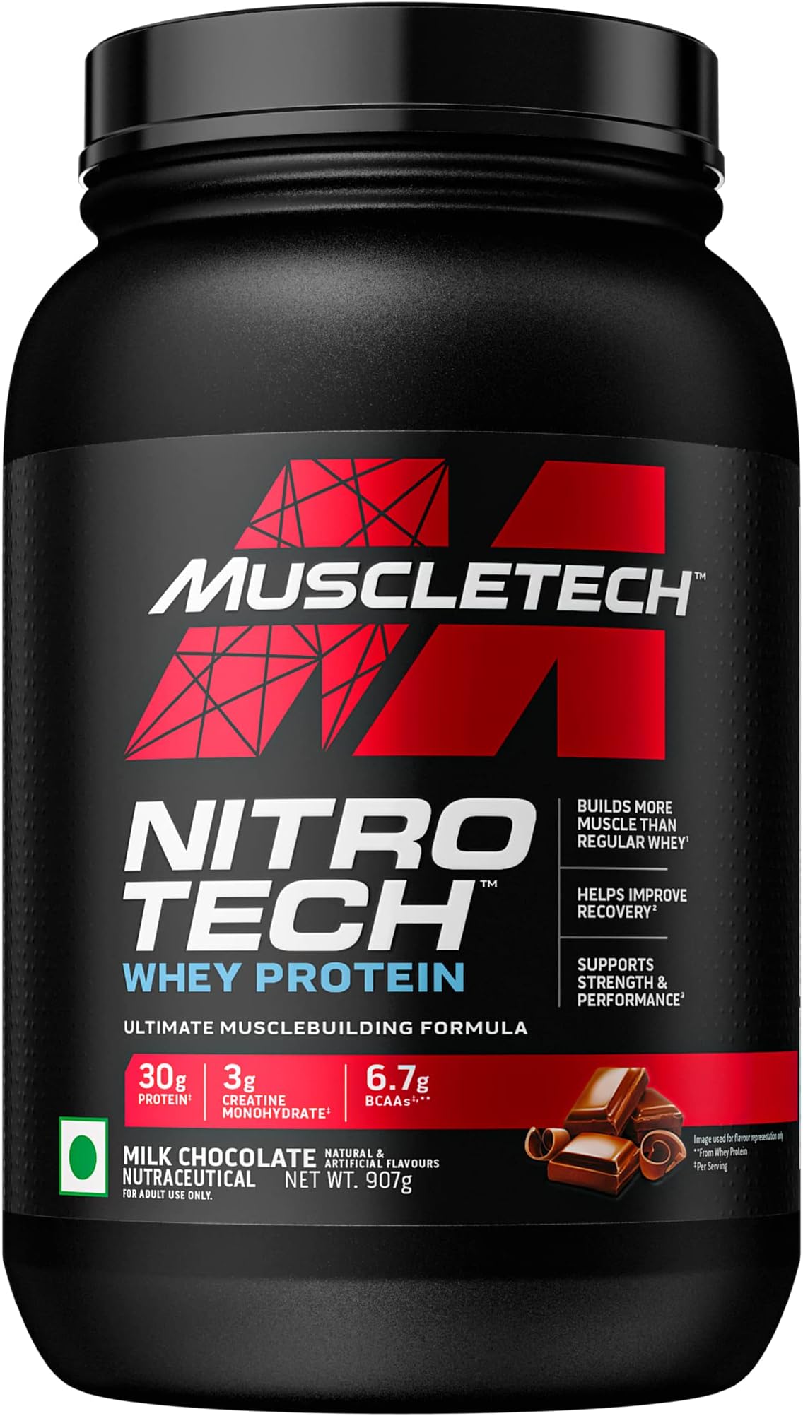 MuscleTech Nitro-Tech Whey Protein, 907g (2lbs), Milk Chocolate, 30g Protein, 3g creatine monohydrate, 6.7g BCAA, ultimate muscle building formula, increase strength & performance