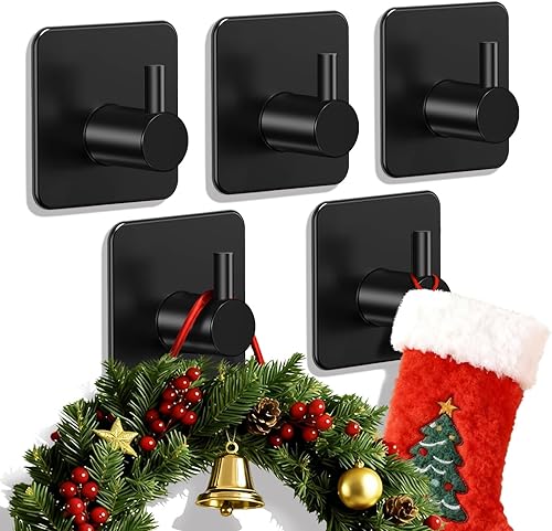 Auxmir Ganchos adhesivos resistentes de 30 libras (máx.), paquete de 5 ganchos autoadhesivos de acero inoxidable para toallas, abrigos, batas,