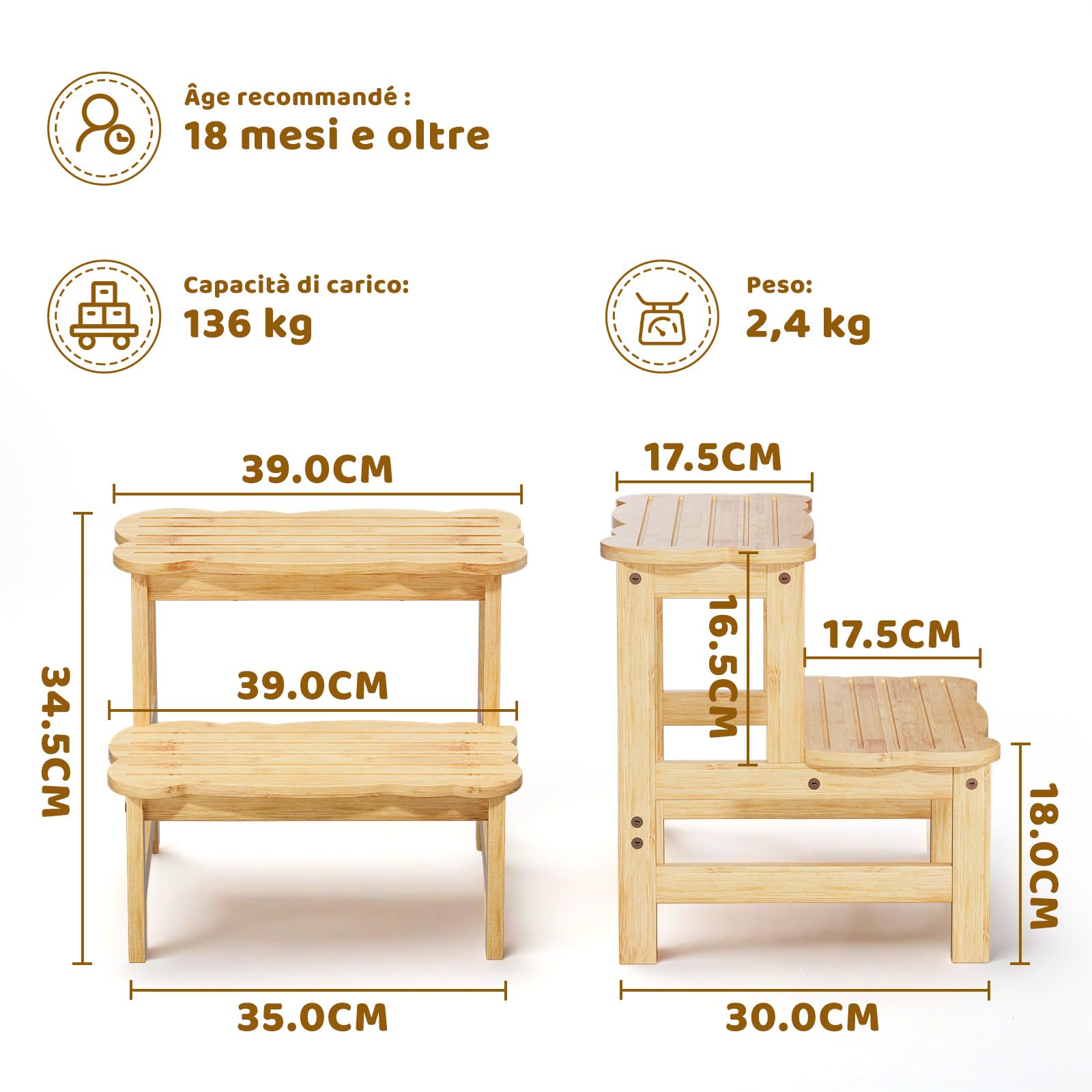 COSYLAND Sgabello Bagno Bambini in Bambù a 2 Gradini Antiscivolo Fino a 136 kg Naturale