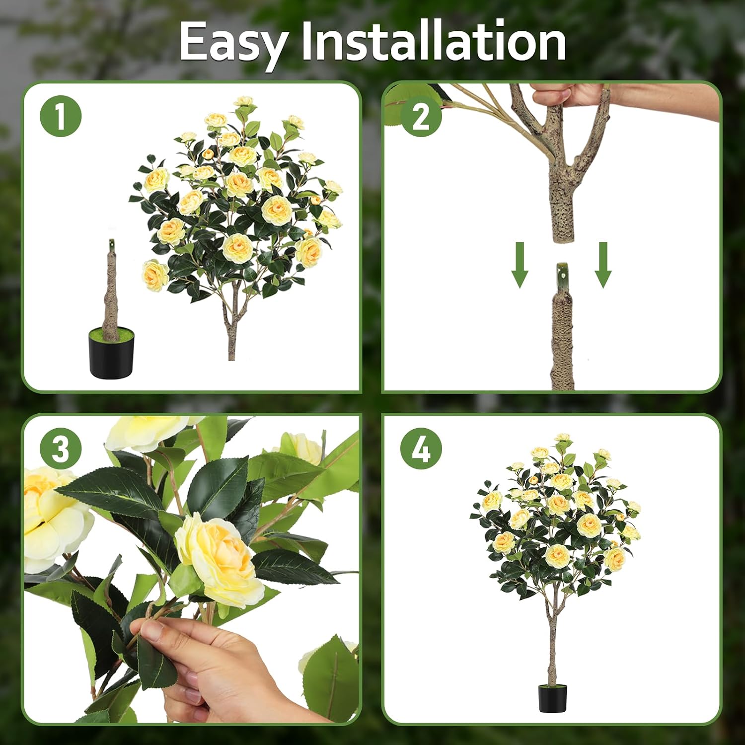 47” Artificial Camellia Tree with Blooming Yellow Flowers, Artificial Tree for Indoor Outdoor, Faux Camellia Tree for Modern Home Office Floor Porch Decor, Free Maintenance
