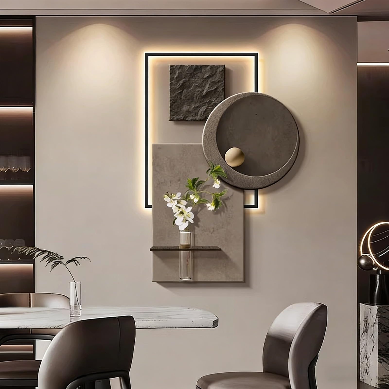 Art Mural 3D LED Salon - Déco Murale Géométrique Moderne en Grès de 80x60cm avec Vase