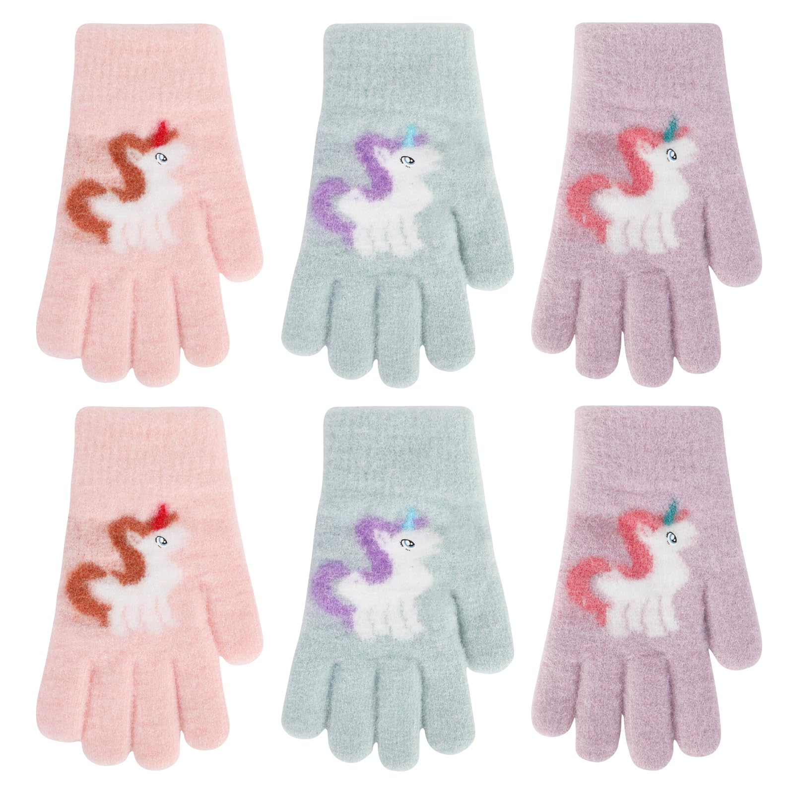 QKURT 3 Pairs Unicorn Gloves Winter Warm Magic Kids Gloves Children Full Finger Gloves with Cute Cartoon Pattern for 5-10 Years Old Girls
