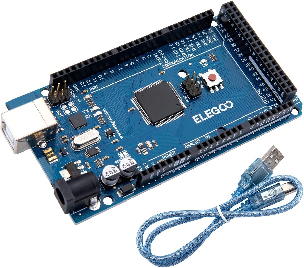 ELEGOO MEGA R3 Board ATmega 2560, USB Cable Compatible with Arduino | 54 Digital I/O, 16 Analog Inputs, 4 UARTs, 256KB Flash, Included USB-B Cable, RoHS Compliant