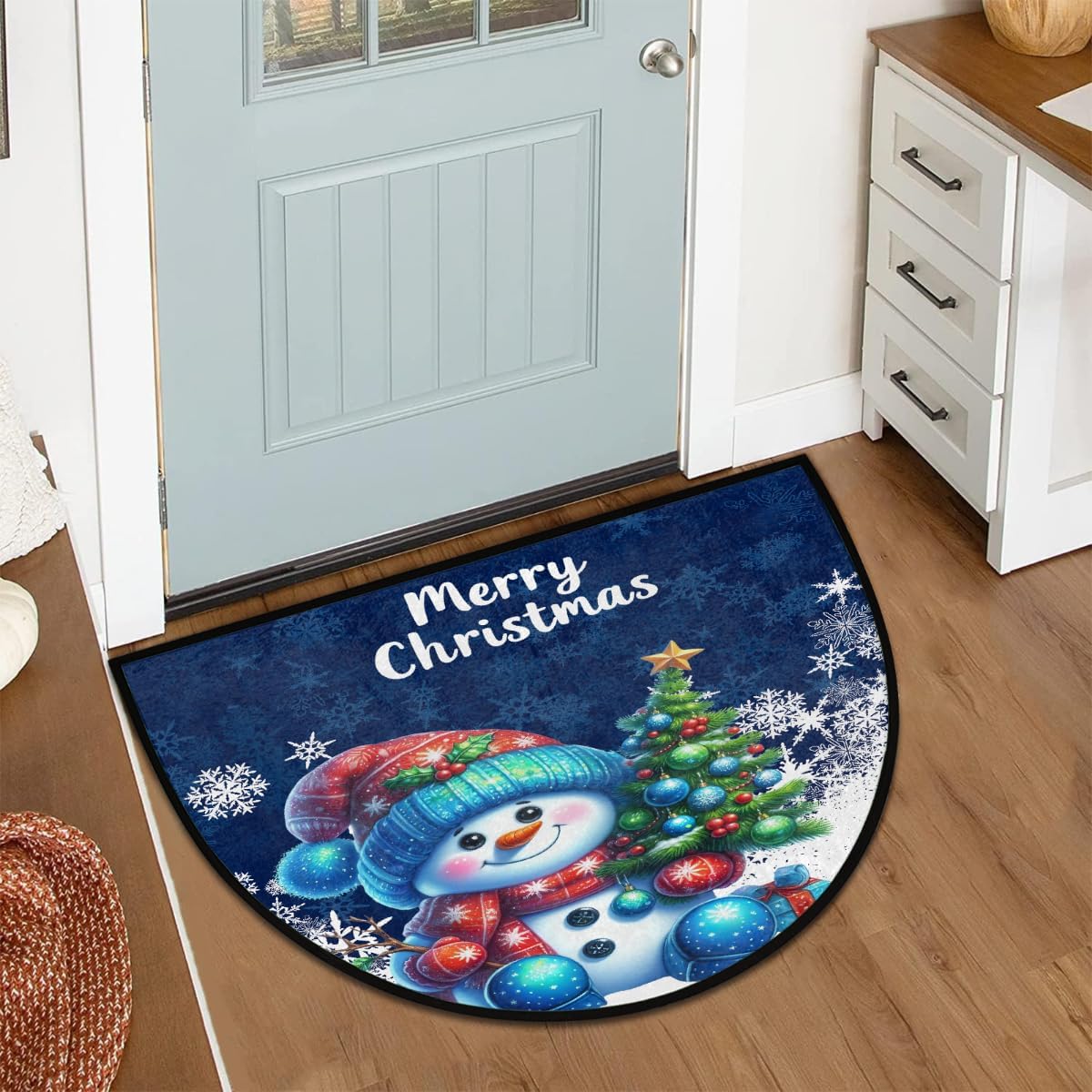 Half Round Door Mat Christmas Snowman Tree Non Slip Absorbent Semi Circle Area Rugs Washable Half Moon Floor Mats for Indoor Patio Kitchen Bathroom Entryway Fireplace Home Carpet Decor
