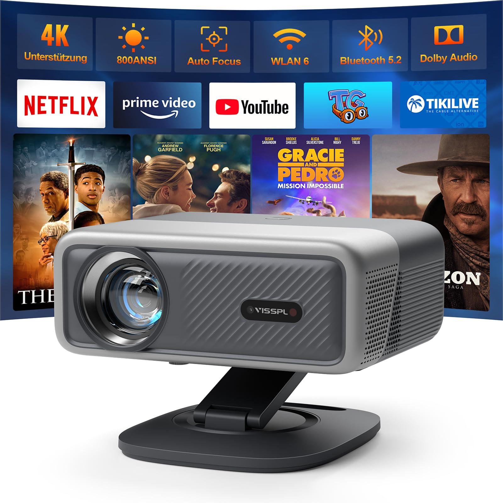 Smart Beamer 4K[Netflix Official & 3D Dolby Audio] VISSPL 28000 Lumen Autofokus/Auto Trapezkorrektur Projektor, WiFi6 Bluetooth Beamer 4K Heimkino, Outdoor Video Beamer Mit 360° Drehbarem Ständer