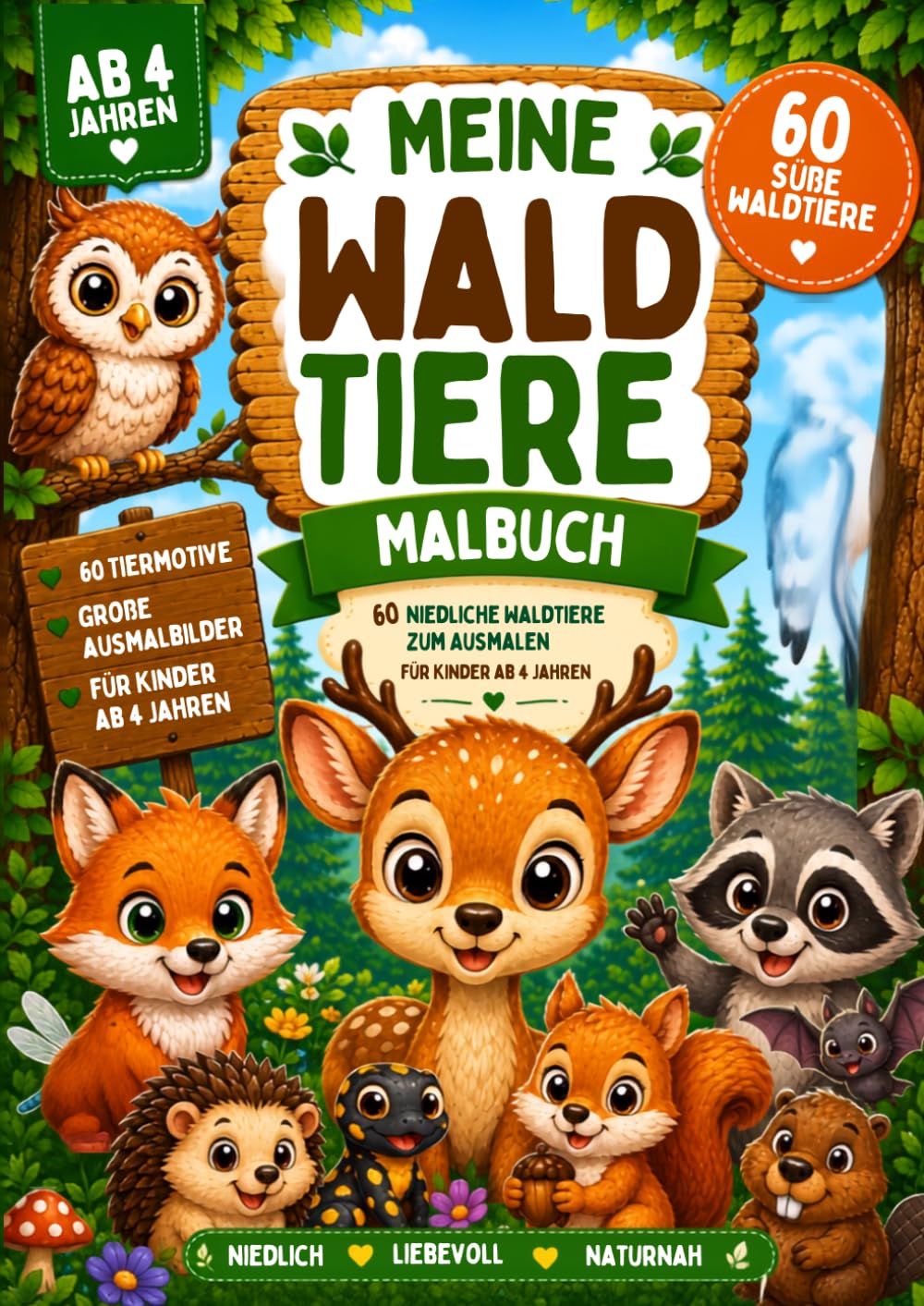 Meine Waldtiere Malbuch: 60 süße Waldtiere zum Ausmalen für Kinder ab 4 Jahren