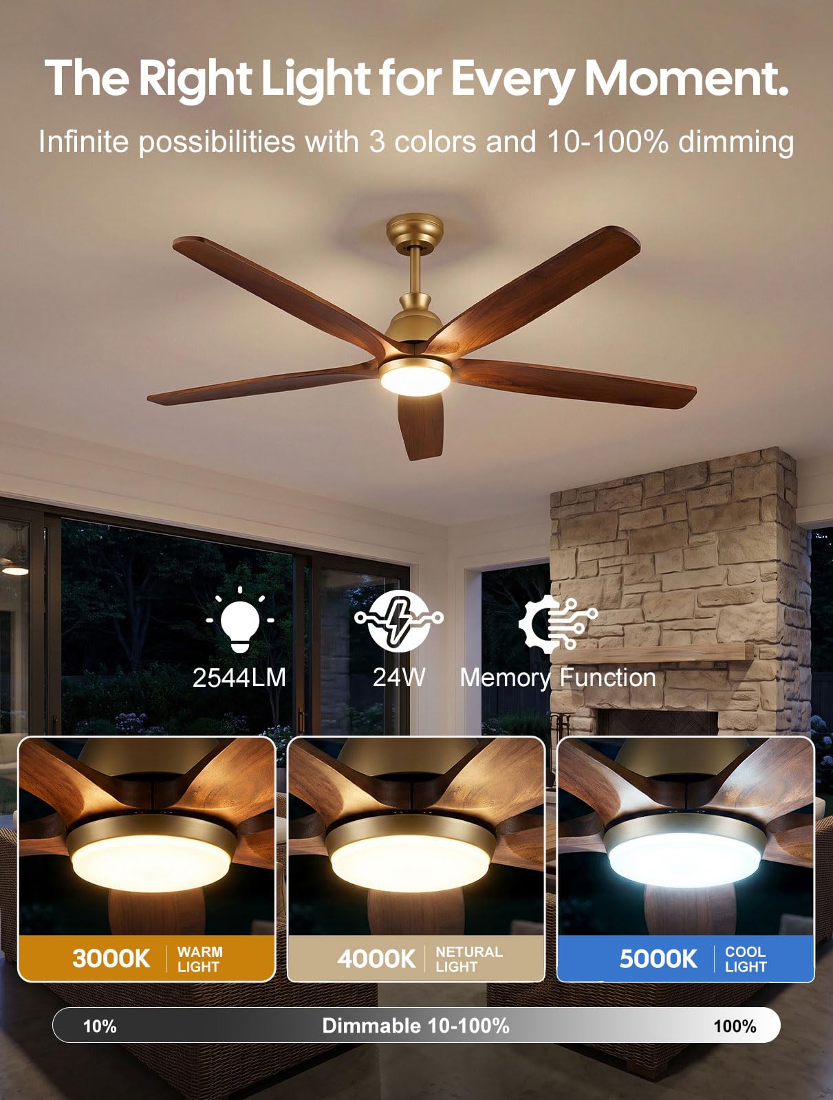 Ventilador de Techo con Luz y Mando a Distancia Madera, 132cm, Motor DC Reversible Silencioso, 6 Velocidades, 8H Temporización, Ventilador de Techo Moderno de 5 aspas para Interior y Exterior