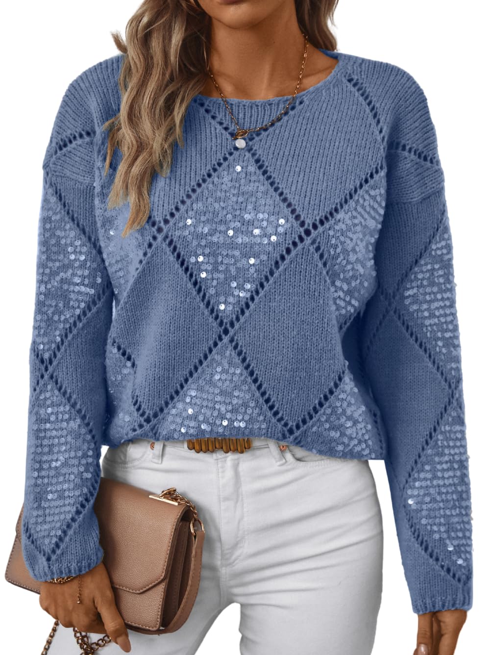 Womens Sequin Sweater Long Sleeve Argyle Hollow Out Crewneck Sparkly Pullover Loose Casual Lightweight Knit Top