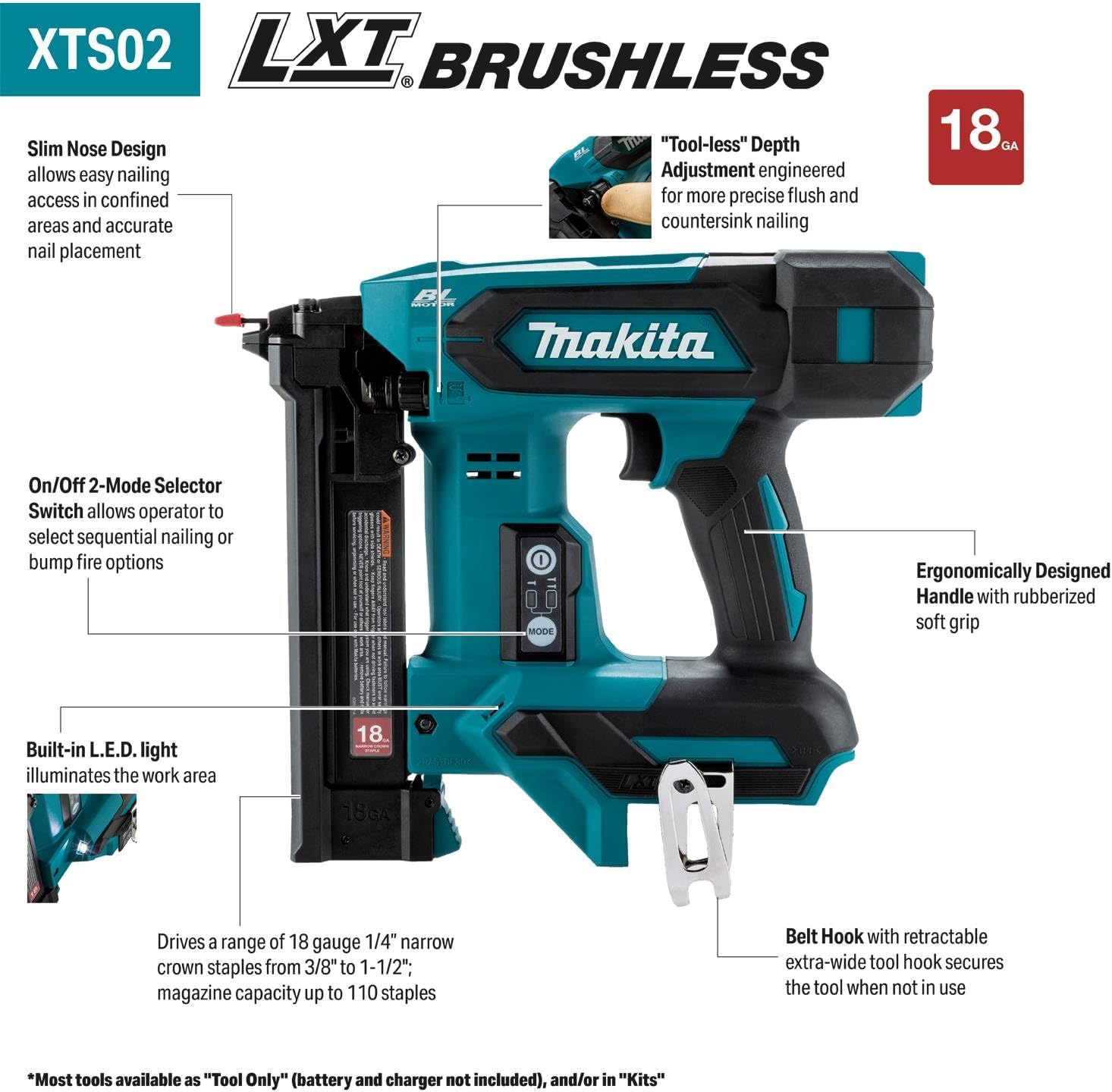 Makita XTS02Z 18V LXT® Lithium-Ion Brushless Cordless 1/4” Narrow Crown Stapler, 18 Ga., Tool Only