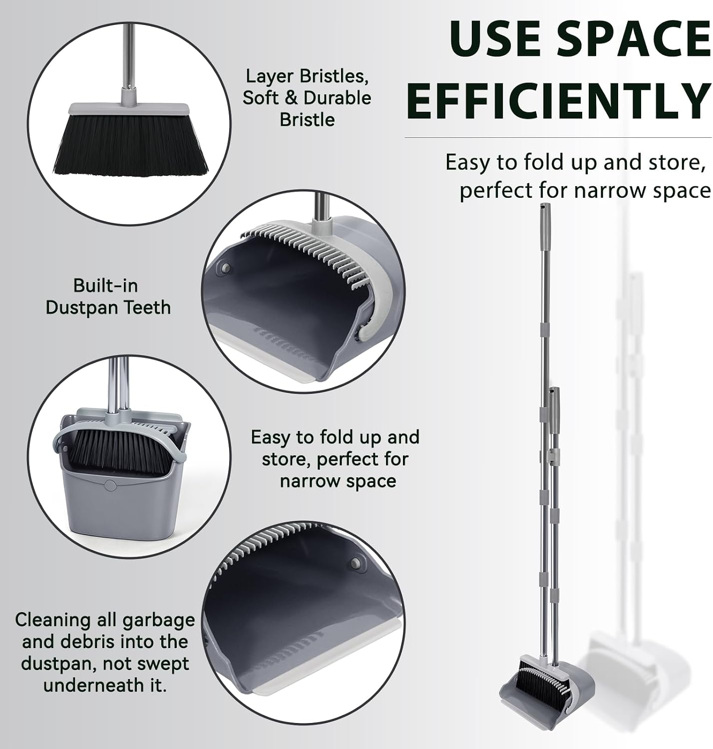YZO Broom and Dustpan Set, 54.33 Inch Long Handle Standing Design, Dustpan Front Rubber Tight Seal, Broom with 5 Layer Bristles, Suitable for Bedroom, Yard, Office and Apartment(Gray&Black)
