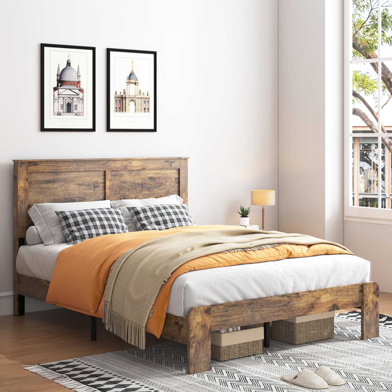 YHJIV Wood Queen Bed Frame with Headboard, Rustic Farmhouse Platform Bed Frame with 12 Wood Slats Support, No Box Spring Needed, Easy Assembly (