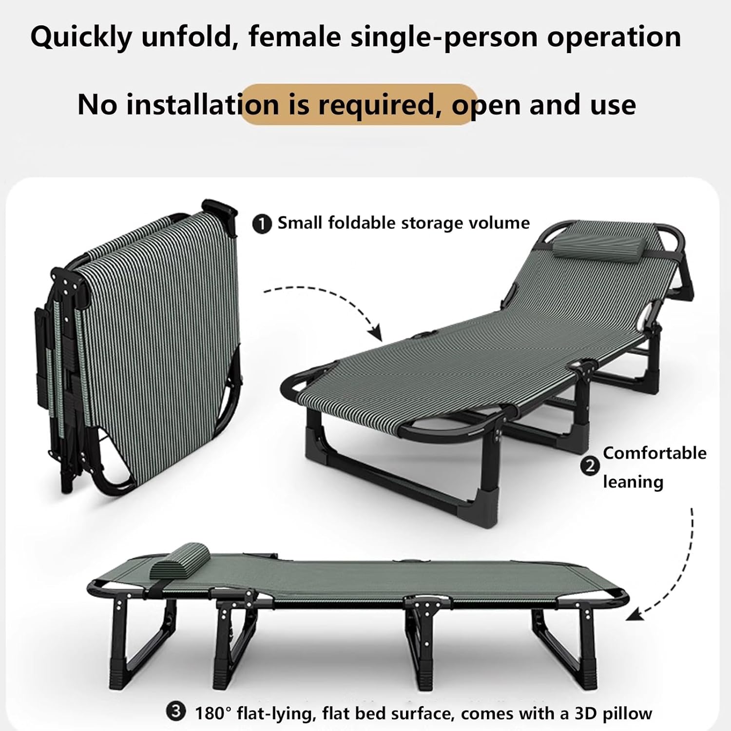 Foldable Bed with Pillow, Multi Use Fold Up Bed with Adjustable 4-Positions Portable Bed for Adults Lightweight Camping Cot for Home, Office Outdoor, Capable of Bearing Up to 1