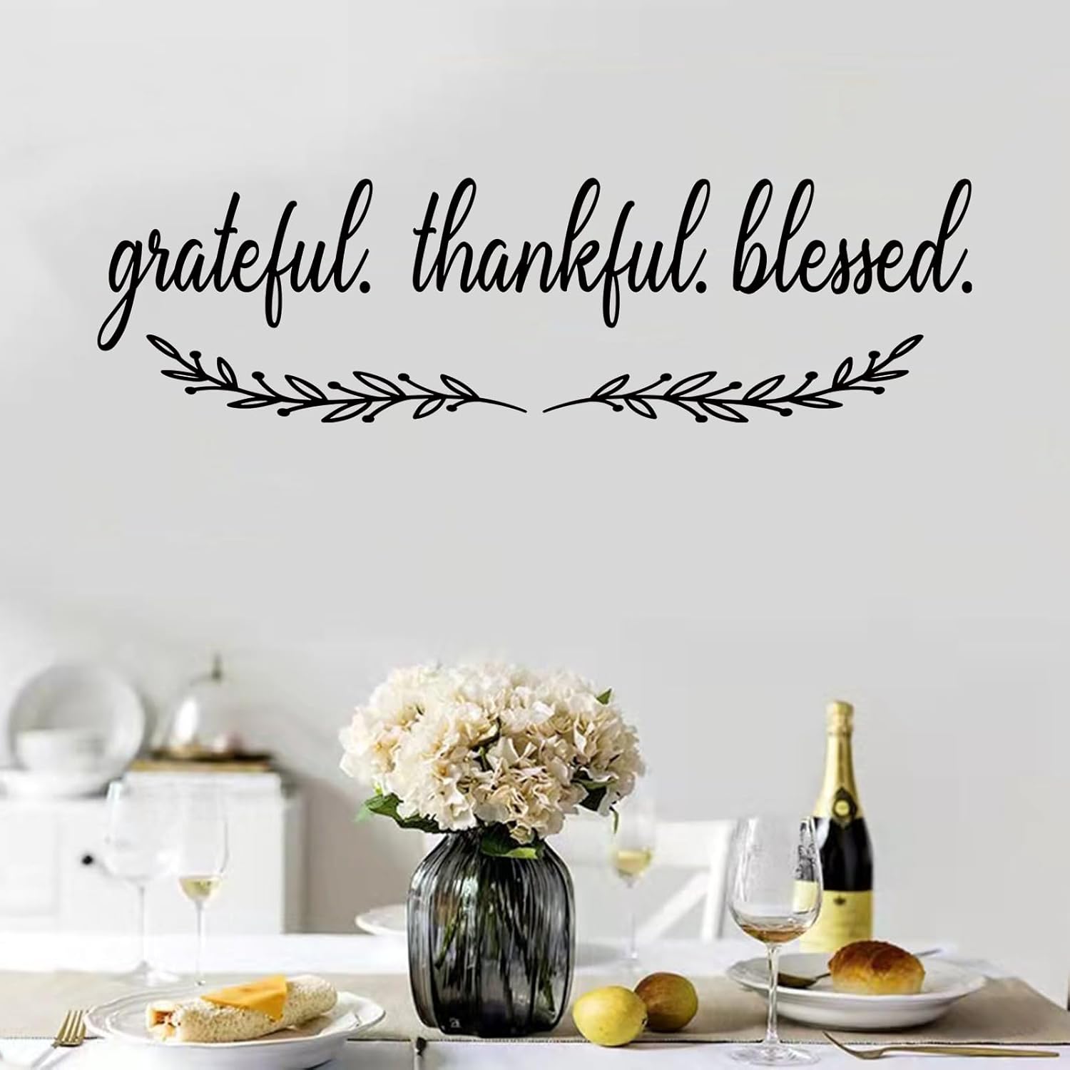 Quotes Wall Decals for Dining Room: Home Inspirational Kitchen Pantry Vinyl Art Wall Stickers - Family Wall Decor - Grateful Thankful Blessed 45" X 12.6"
