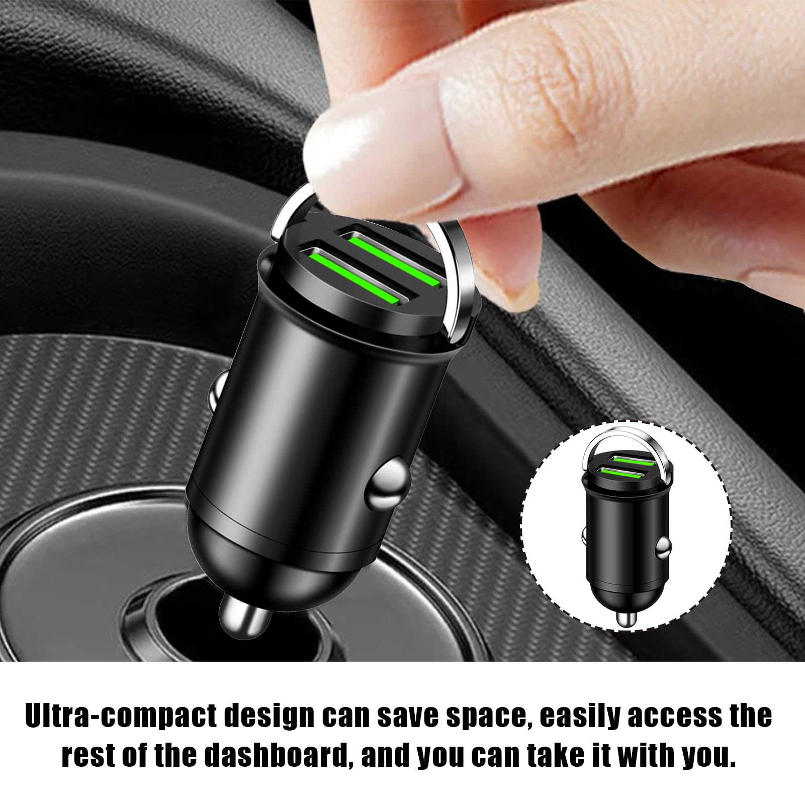 Adattatore Accendisigari USB 100W, Caricatore Auto con Doppia Porta QC3.0, per iPhone, Samsung, Xiaomi, Android (Leghe di Alluminio, 42x23mm)