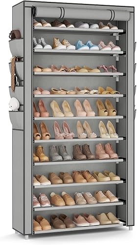 Miniatura 10 de VTRIN Zapatero con tapa, organizador de zapatos de 7 niveles para 35-40 pares de zapatos y botas, estante alto de gran capacidad con 8 bolsillos,