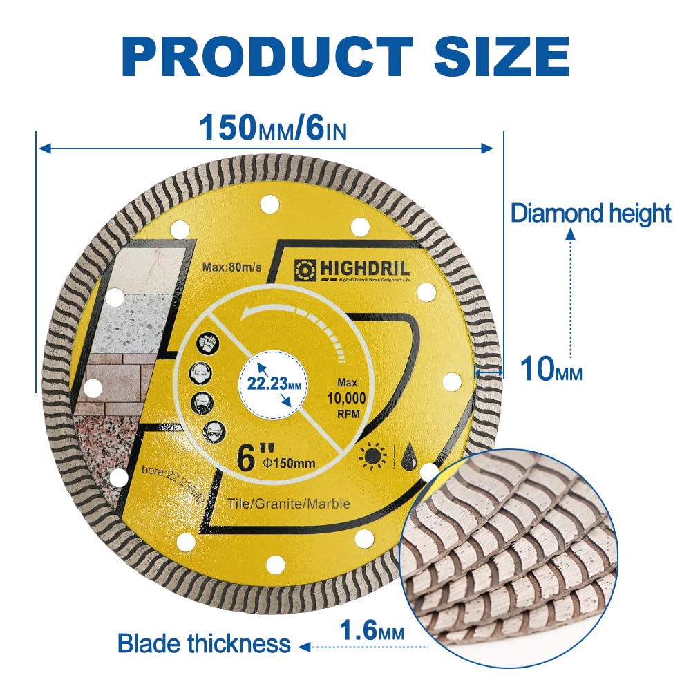 HIGHDRIL Supercienkie ostrze diamentowe, 3 szt., 150 mm z trzpieniem 7/8 cala, sucha lub mokra tarcza do cięcia turbo ogólnego przeznaczenia do płytek porcelanowych, ceramicznych, granitu, marmuru, twardy materiał, betonu