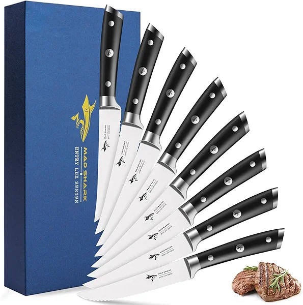 MAD SHARK Steak Knives Set of 8,Premium 12.6-inch Serrated Steak Knife Set,Ultra Sharp German High Carbon Stainless Steel Triple Rivet Collection 8-Piece Kitchen Steak Knife Set (STEAK KNIFE SET OF 8)