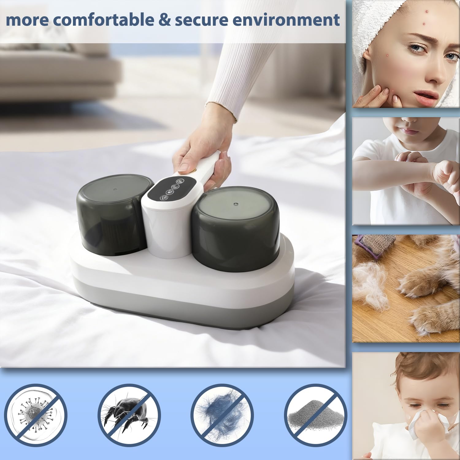 Milbensauger für Matratzen mit UV-Licht Handstaubsauger 400W 14Kpa Matratzenreiniger Heißluftfunktion Bürstenrolle Bett-Staubsauger mit Kabel