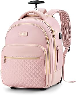 Arcoyard Small Rolling Backpack, 14.3 Inch Underseat Carry On Luggage With Wheels For Adults, Wheeled Backpack for Women, Travel Roller Bag, Pink