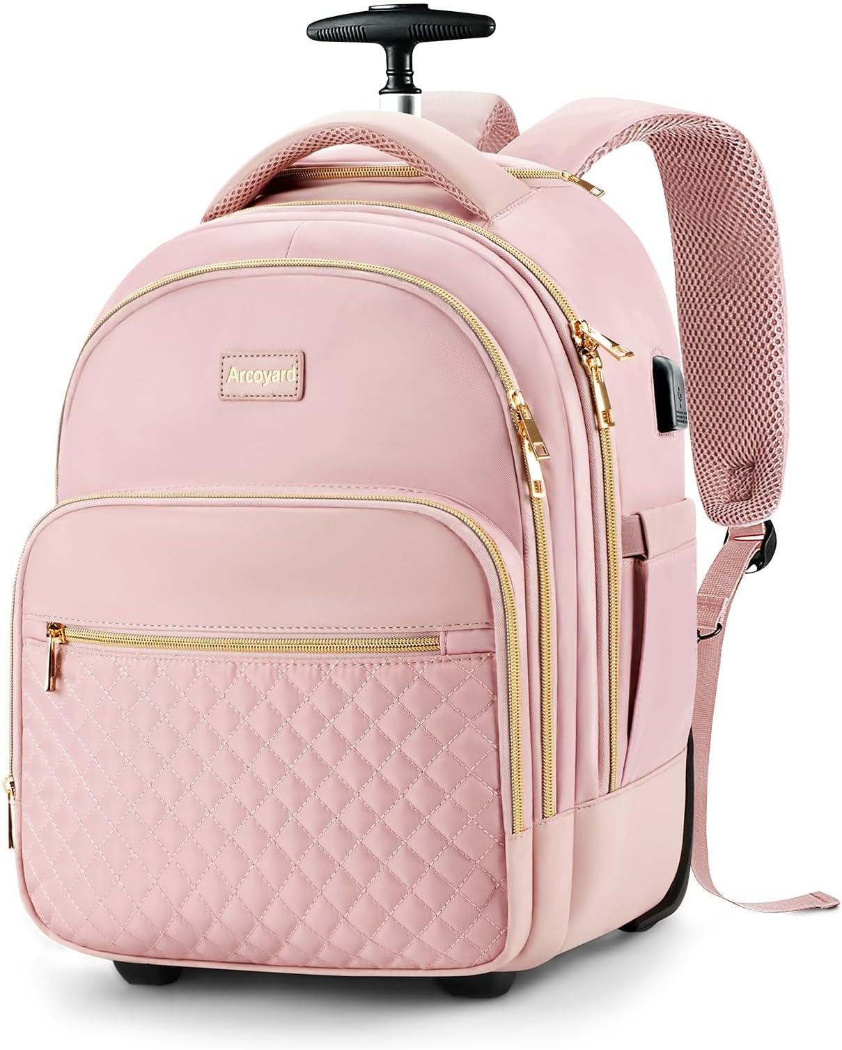 Small Rolling Backpack for Women, Lightweight Travel Backpack with Wheels, Convertible Carry On Luggage, Pink, 15.6 inch