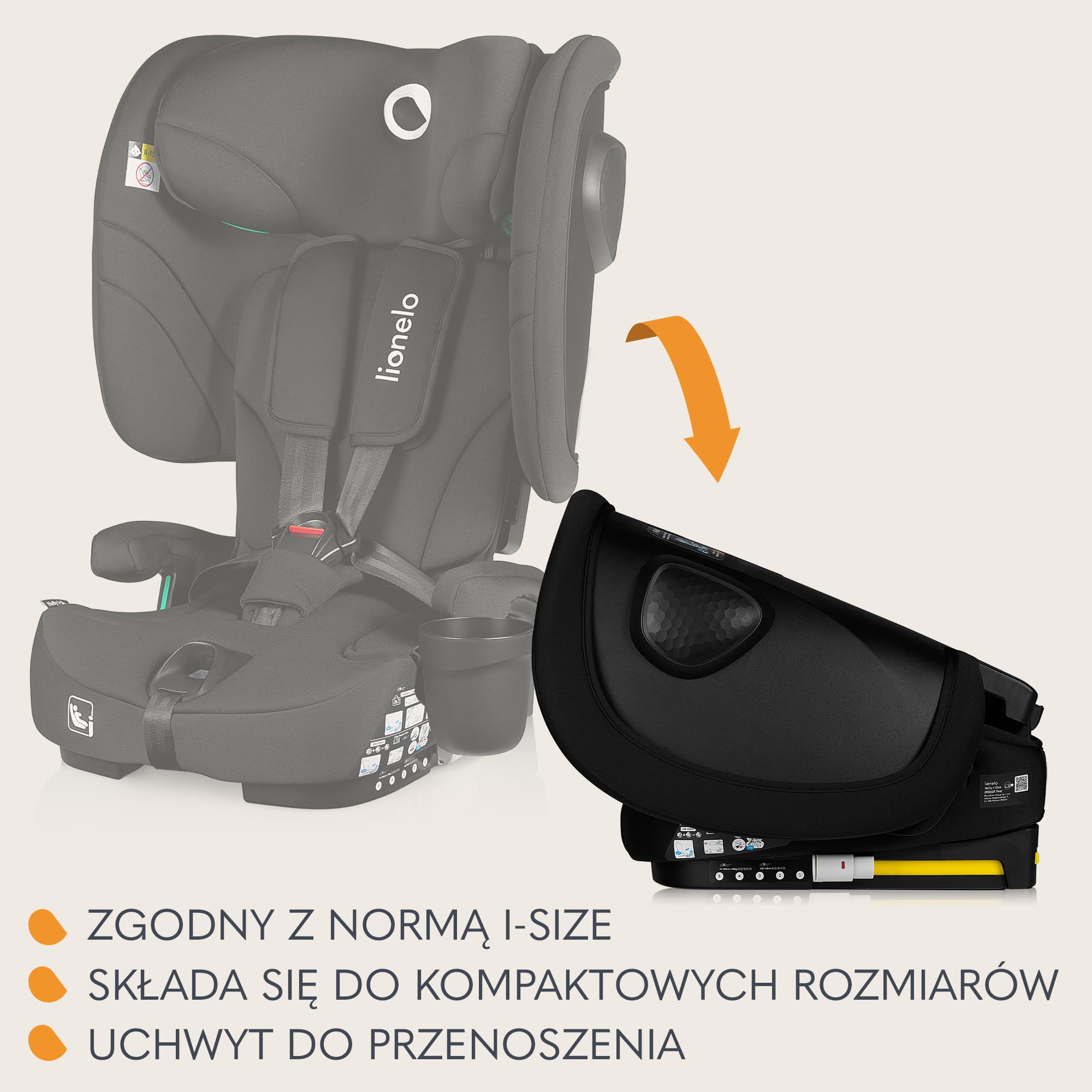 LIONELO Składany fotelik samochodowy Nelly I-Size z ISOFIX dla dzieci ok. 76-150 cm, ochrona boczna paska TT, skierowany do przodu i do tyłu, regulowany zagłówek i oparcie (czarny, 50 x 45 x 58 cm)