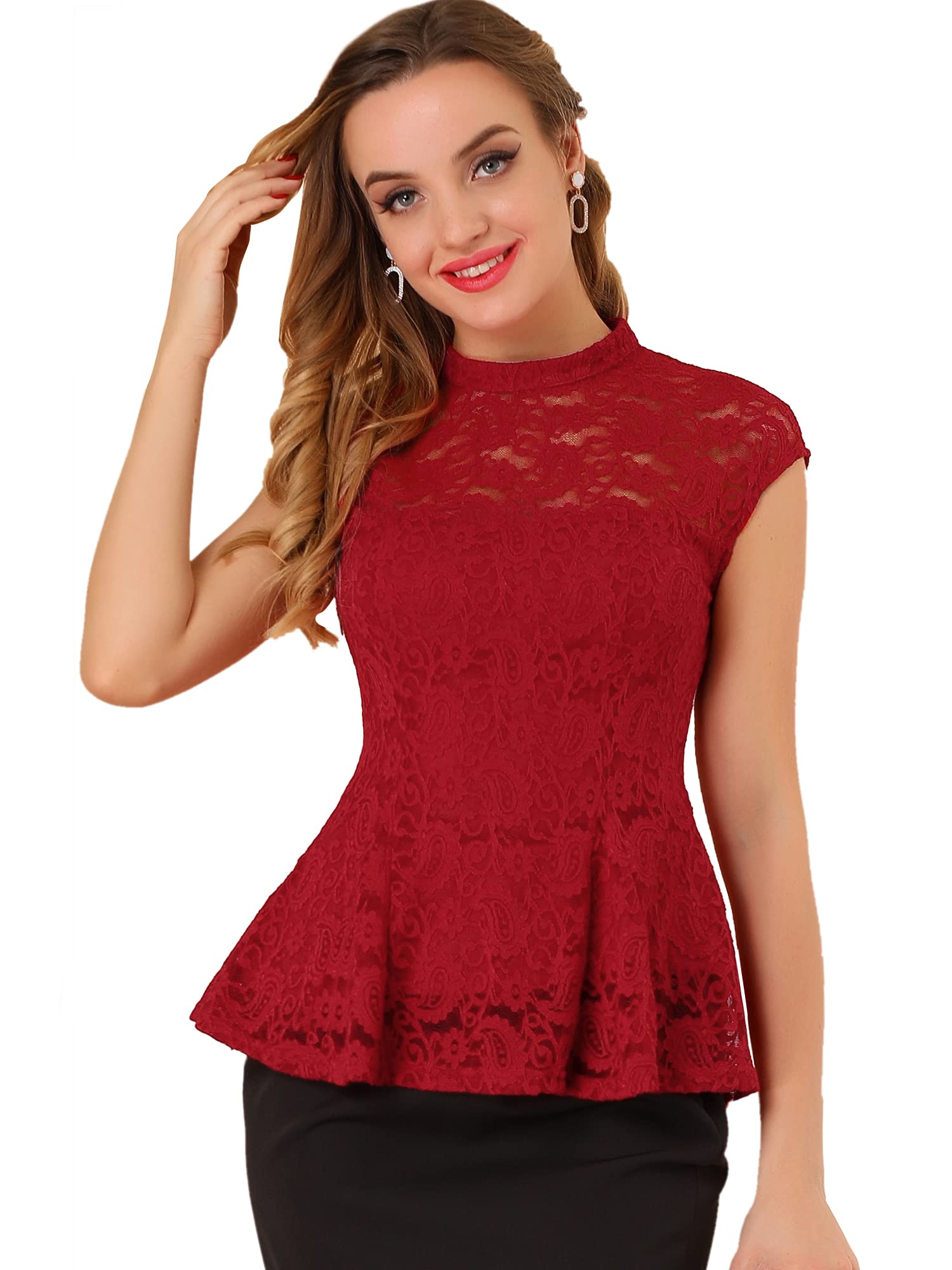 Allegra K Blusa de encaje con cuello alto y manga casquillo para mujer con diseño floral de ganchillo