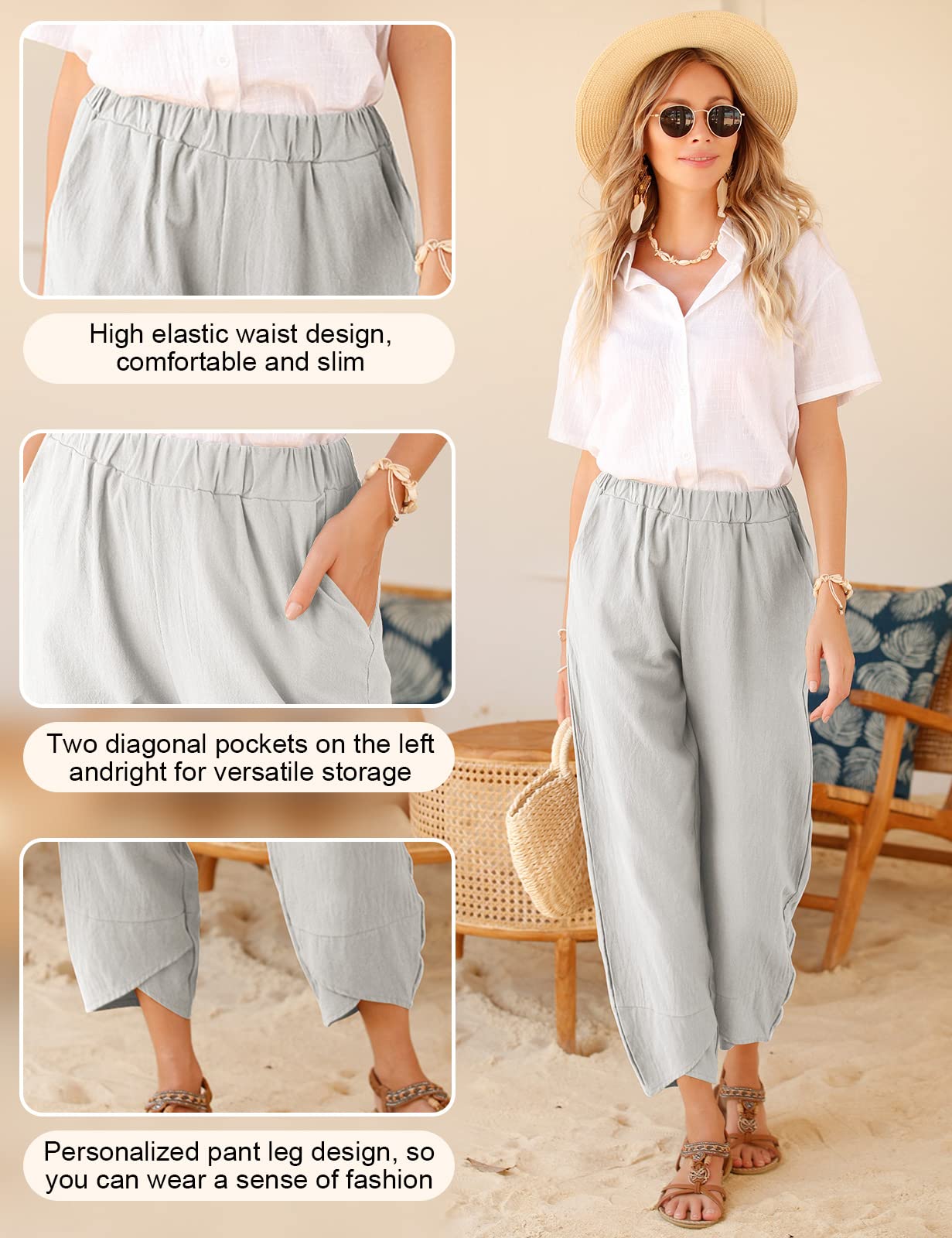 Yuson Girl Pantaloni Donna Pantaloni Estivi Donna Leggeri Pantaloni Larghi Lino Vita Alta Pantalone con Tasche Pantaloni di Svago Panno di Lino da con Fascia Elastica