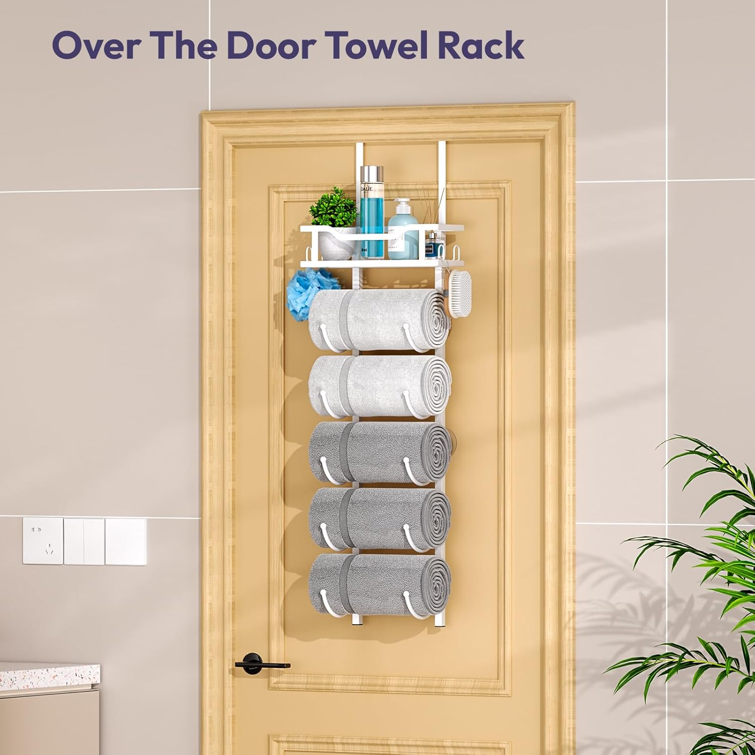 swtymiki over the door towel rack - 6 tier towel racks for bathroom wall mounted, towel holder with shelf, hanging rolled towel storage organizer for small bathroom, camper, rv, white white 6 tier