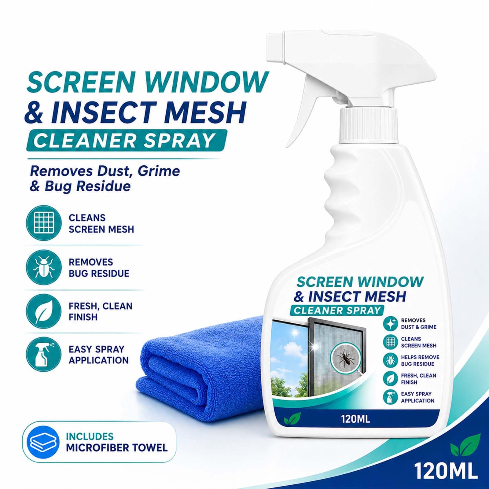 Spray Detergente Per Zanzariere E Reti, Kit Di Pulizia Per Zanzariere (2PC) | Detergente Per Zanzariere (A Rete) Con Panno Incluso; Rimuove Rapidamente Polvere E Residui Appiccicosi