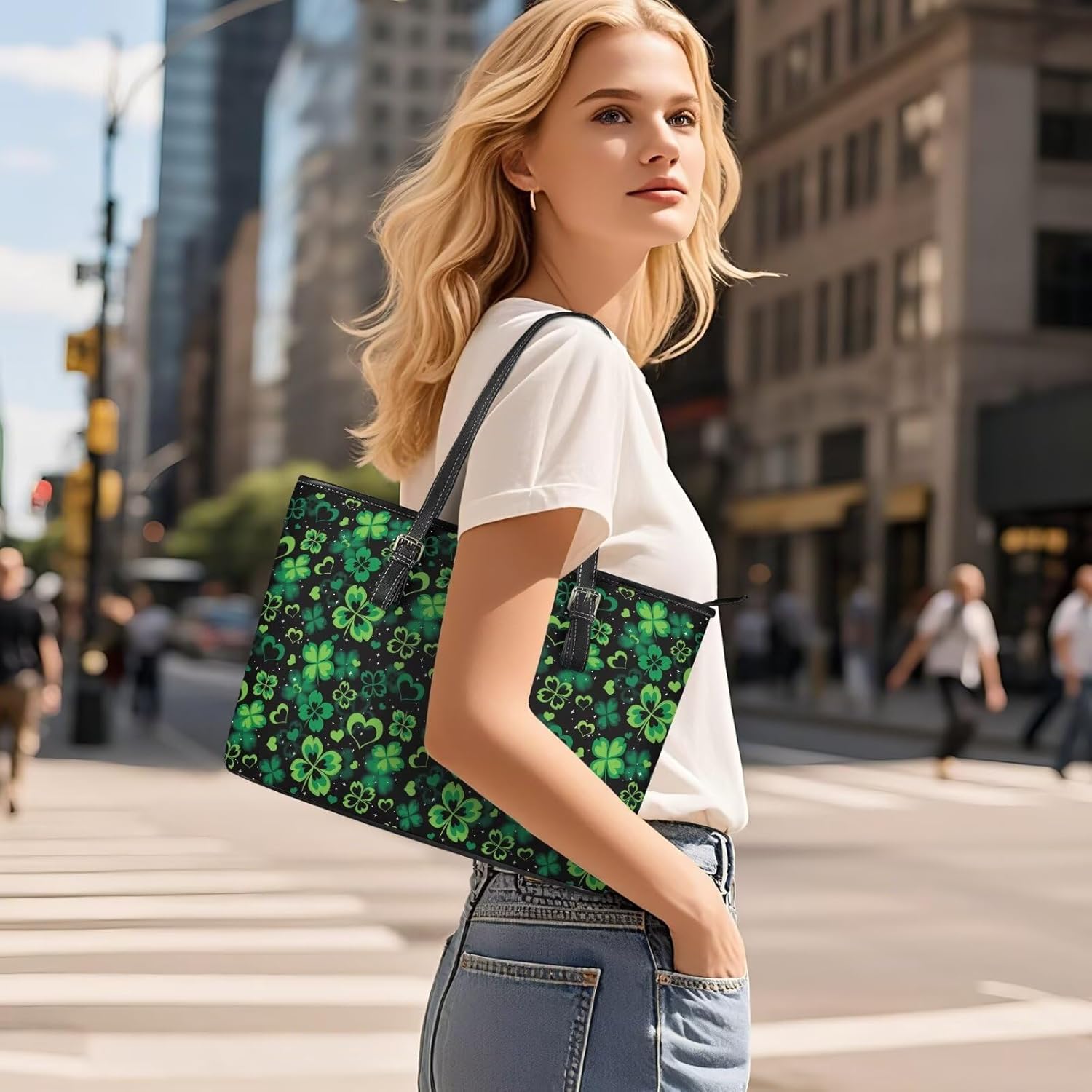 Christmas Tote Bag for Women PU Leather Handbag Shoulder Top-handle Purses with Small Makeup Bags