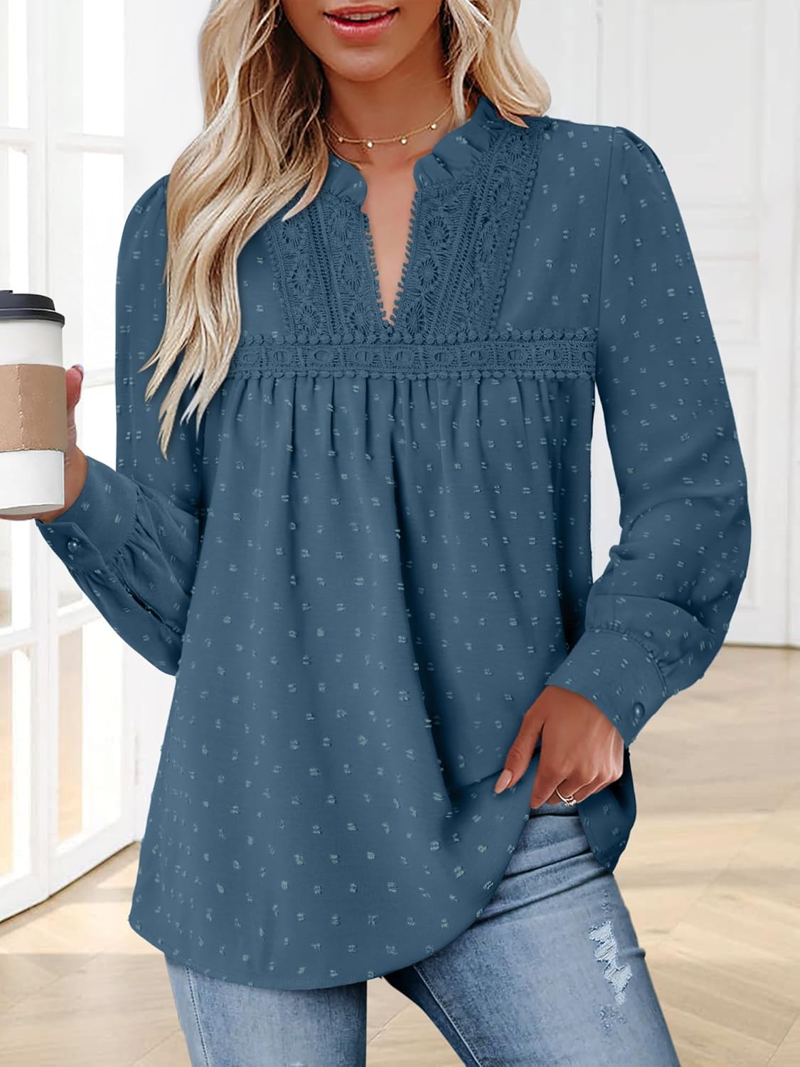 BETTE BOUTIK Womens Boho Fall Fashion Tops Long Sleeve Casual Shirts Flowy Swiss Dot Blouses - Image 4