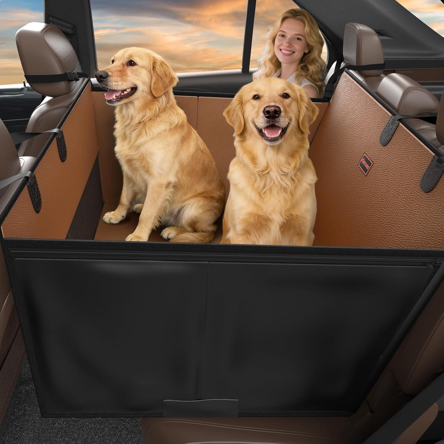 FURTIME XL Dog Car Seat, Upgraded PU Leather Back Seat Extender with Hard Bottom, Waterproof Pet Car Seat Cover for Large Medium Sized Dog, Pet Hammock for Cars, SUVs, Trucks, Brown