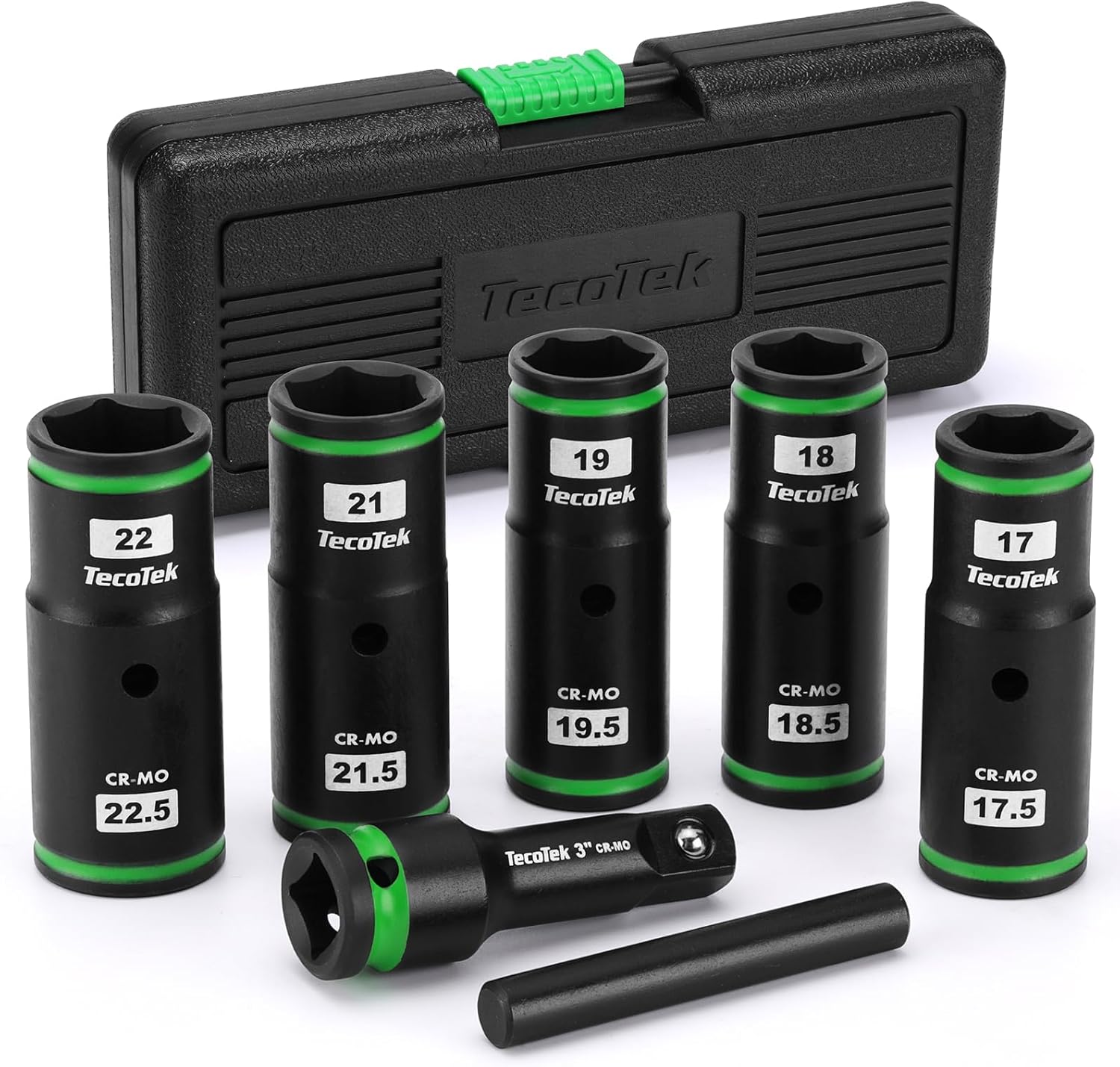 TecoTek 7PCS Lug Nut Socket Set, 1/2” Impact Thin Wall Flip Socket, Half Size Wheel Socket Set, Metric, 6 Point, 3" Extension Bar & Knockout Bar, 17.5mm, 18.5mm, 19.5mm, 21.5mm, and 22.5mm