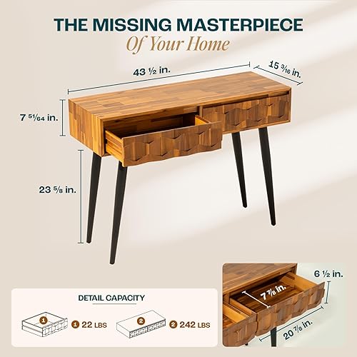 Miniatura 2 de Bme Consola moderna de mediados de siglo con 2 cajones y patas de metal, diseño geométrico único para entrada, pasillo, sala de estar, color marrón