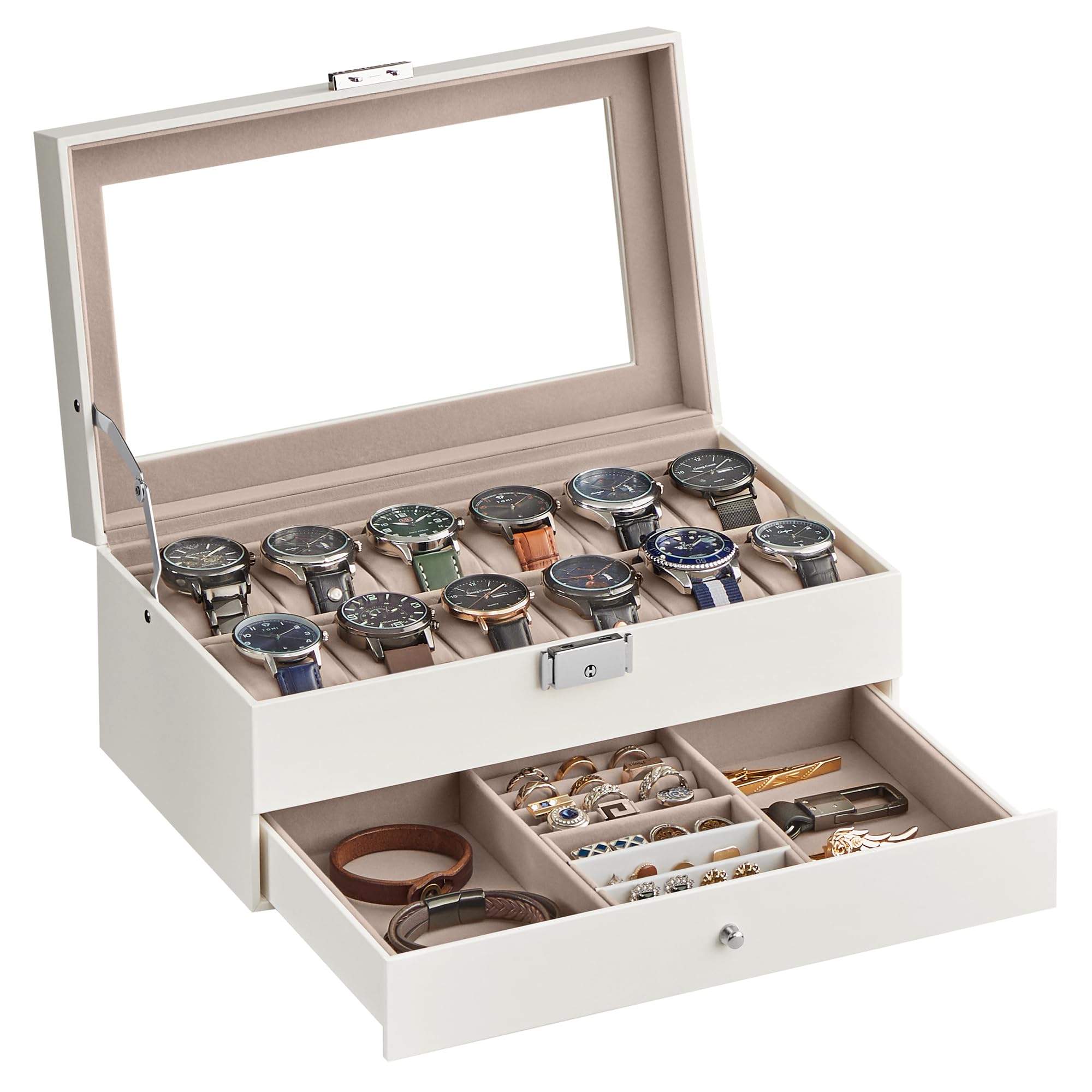 SONGMICS Uhrenbox, Uhrenkasten mit Glasdeckel, 2 Ebenen, für 12 Uhr, abschließbar, 1 Schublade, für Ringe, Armbänder, Geschenkidee, PU-Bezug in Wolkenweiß, Innenfutter in Cappuccinobeige JWB012W01